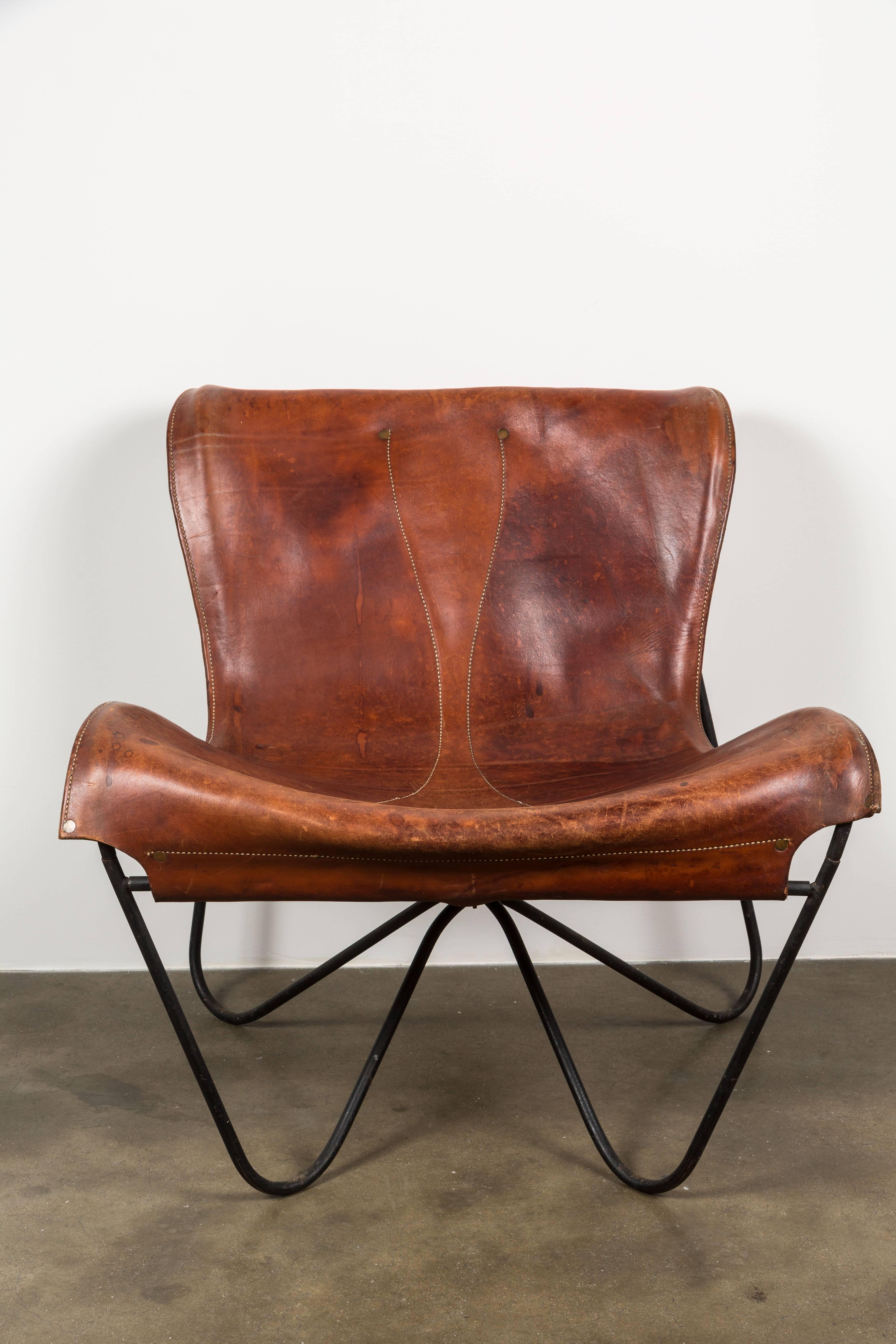 Patinated leather lounge chair with enameled steel frame by Max Gottschalk. Made in USA, circa 1965.