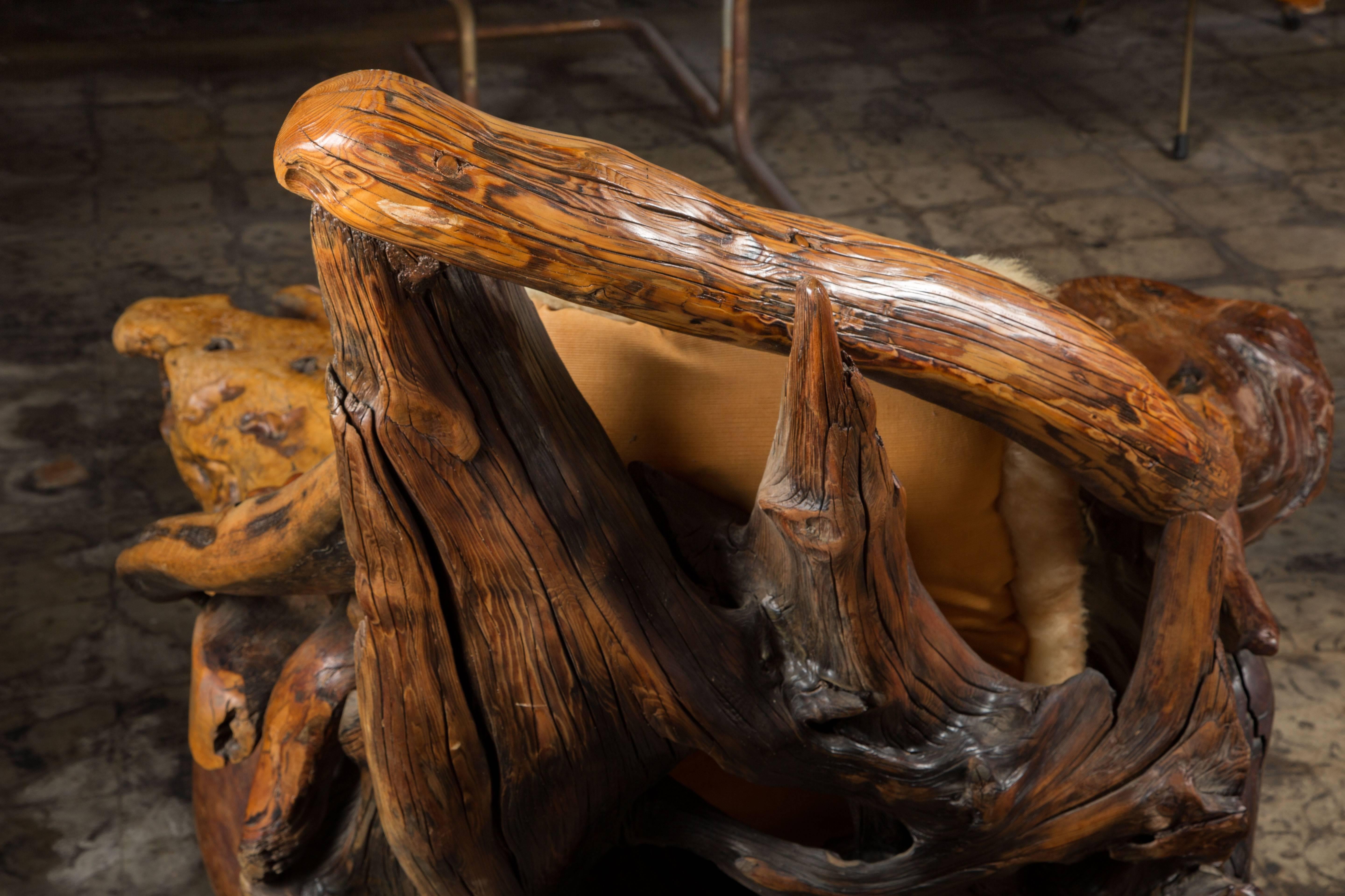 Organic Modern Oversize Biomorphic Burl Wood Lounge Chair and Ottoman with Sheepskin