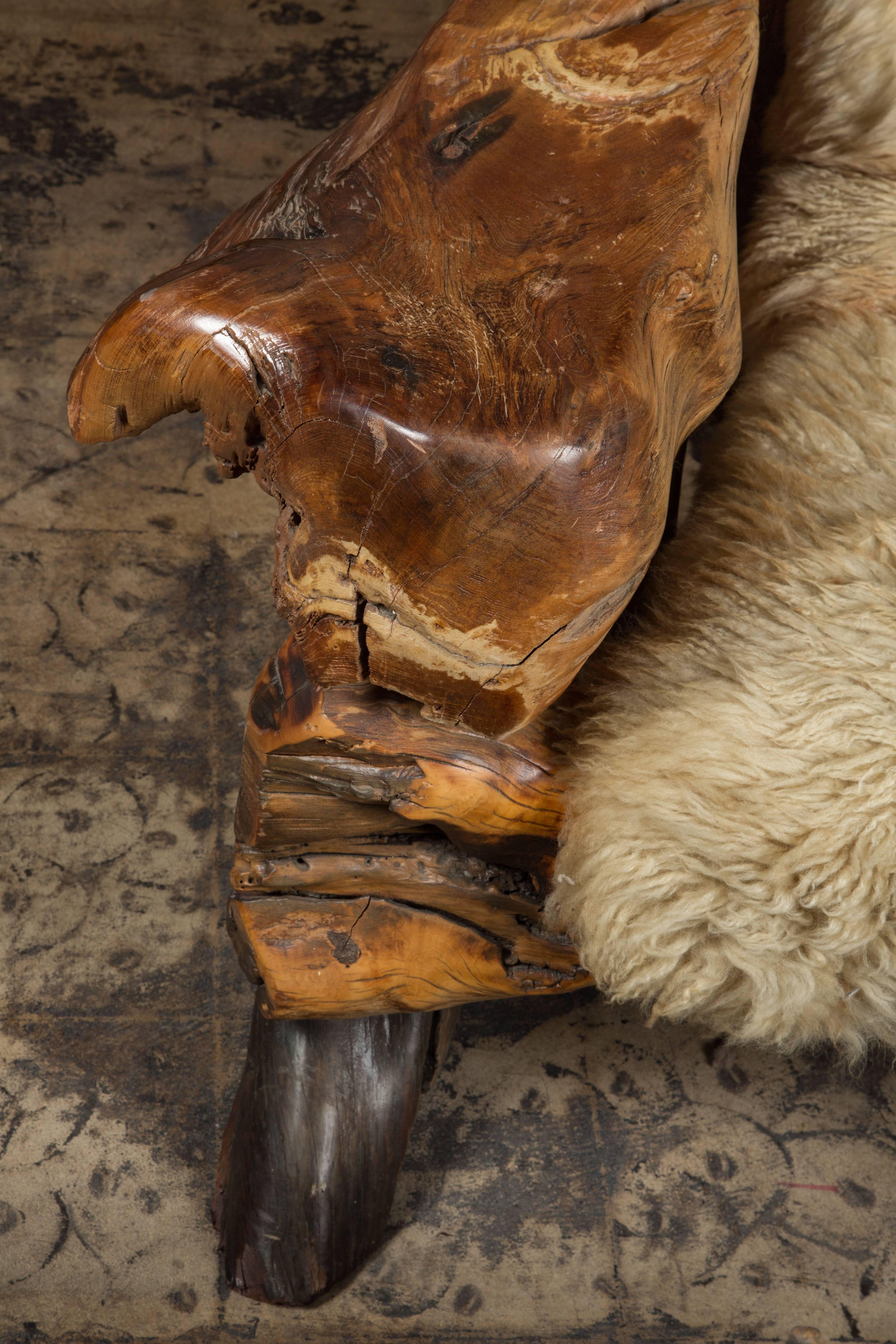 Oversize Biomorphic Burl Wood Lounge Chair and Ottoman with Sheepskin In Excellent Condition In Los Angeles, CA