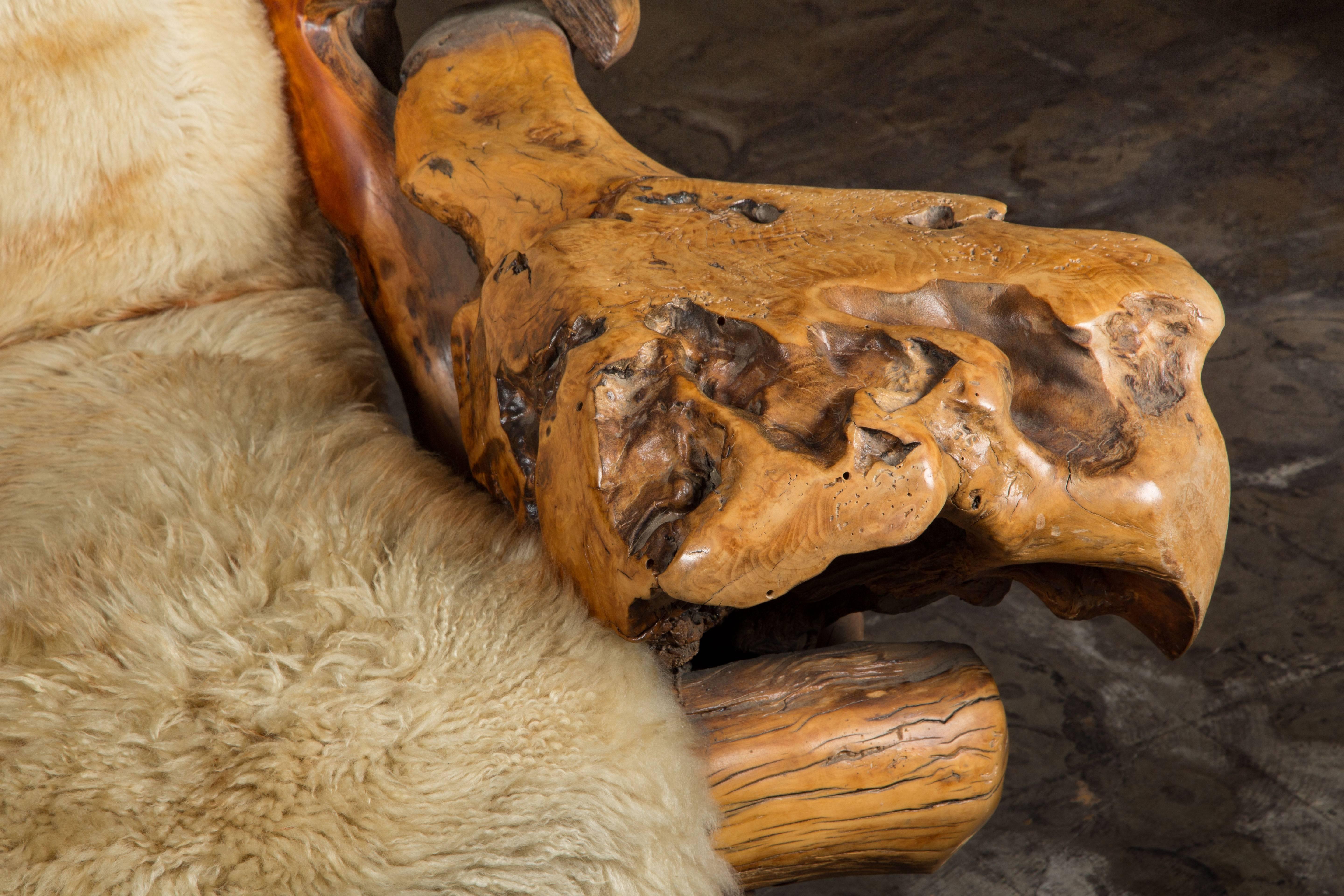 Mid-20th Century Oversize Biomorphic Burl Wood Lounge Chair and Ottoman with Sheepskin