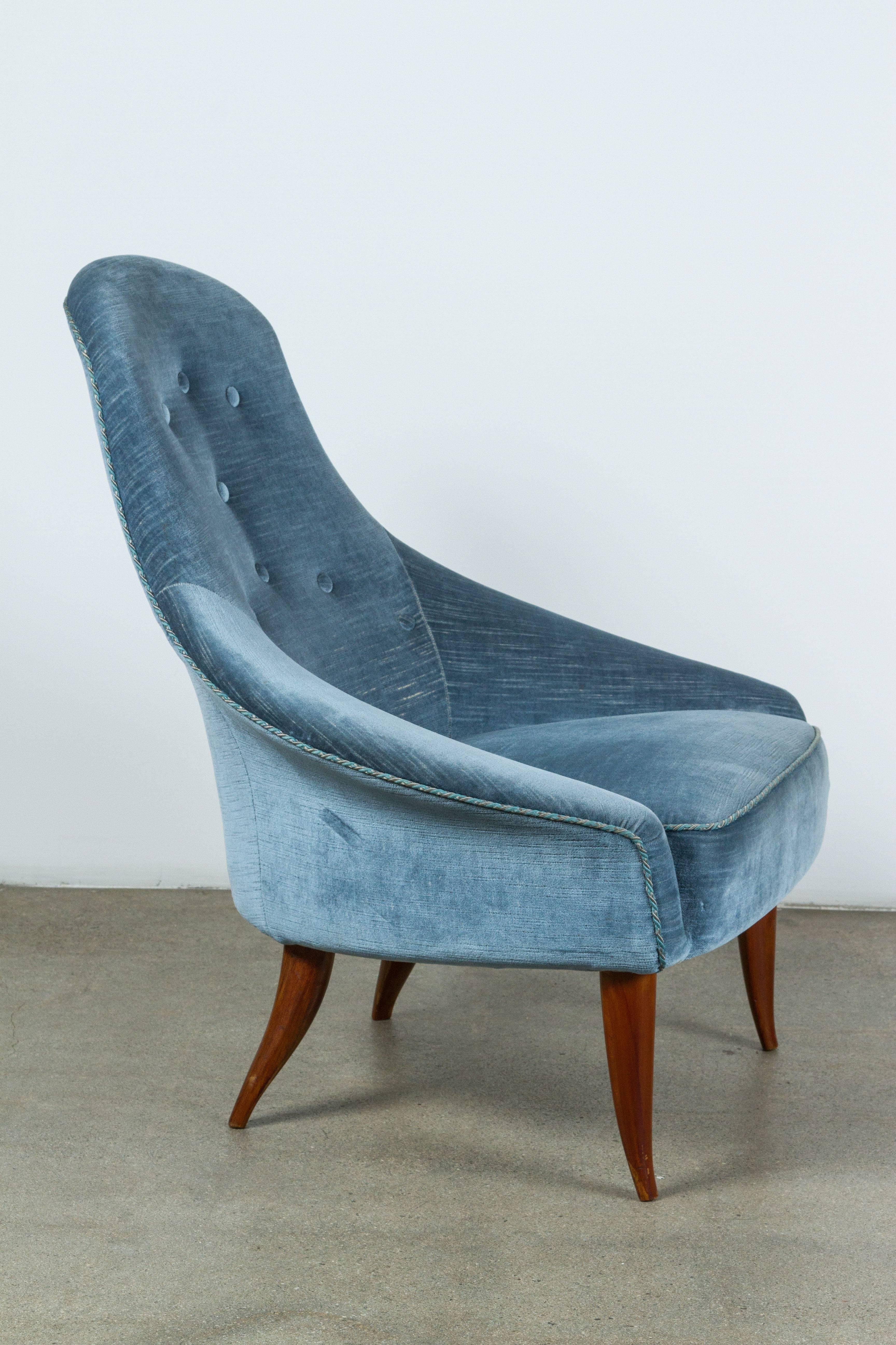 Elegant Eva chairs with original upholstery by Kerstin Hörlin-Holmquist for Nordiska Kompaniet. Made in Sweden, circa 1958.