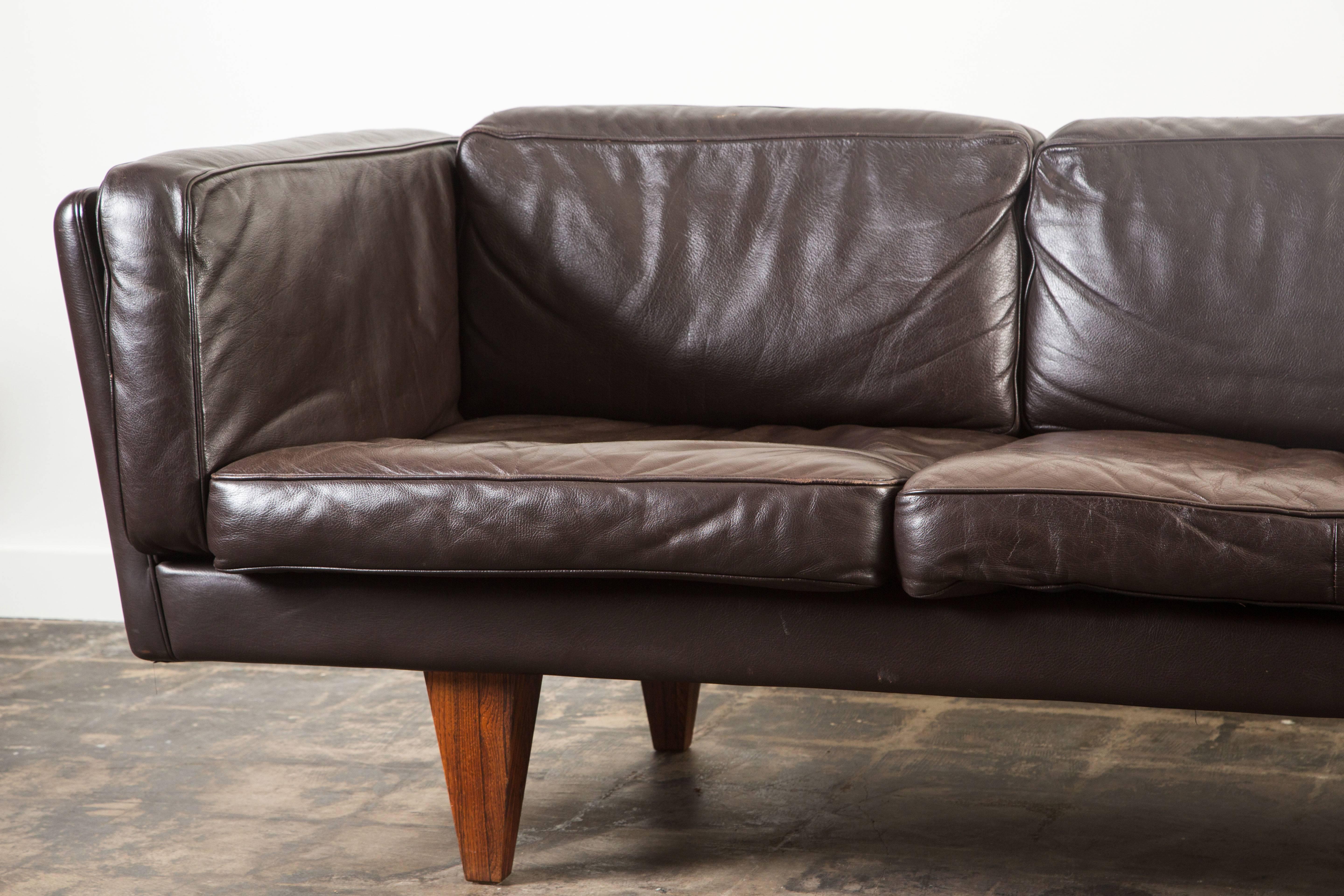 Danish Leather and Rosewood Sofa by Illum Wikkelsø