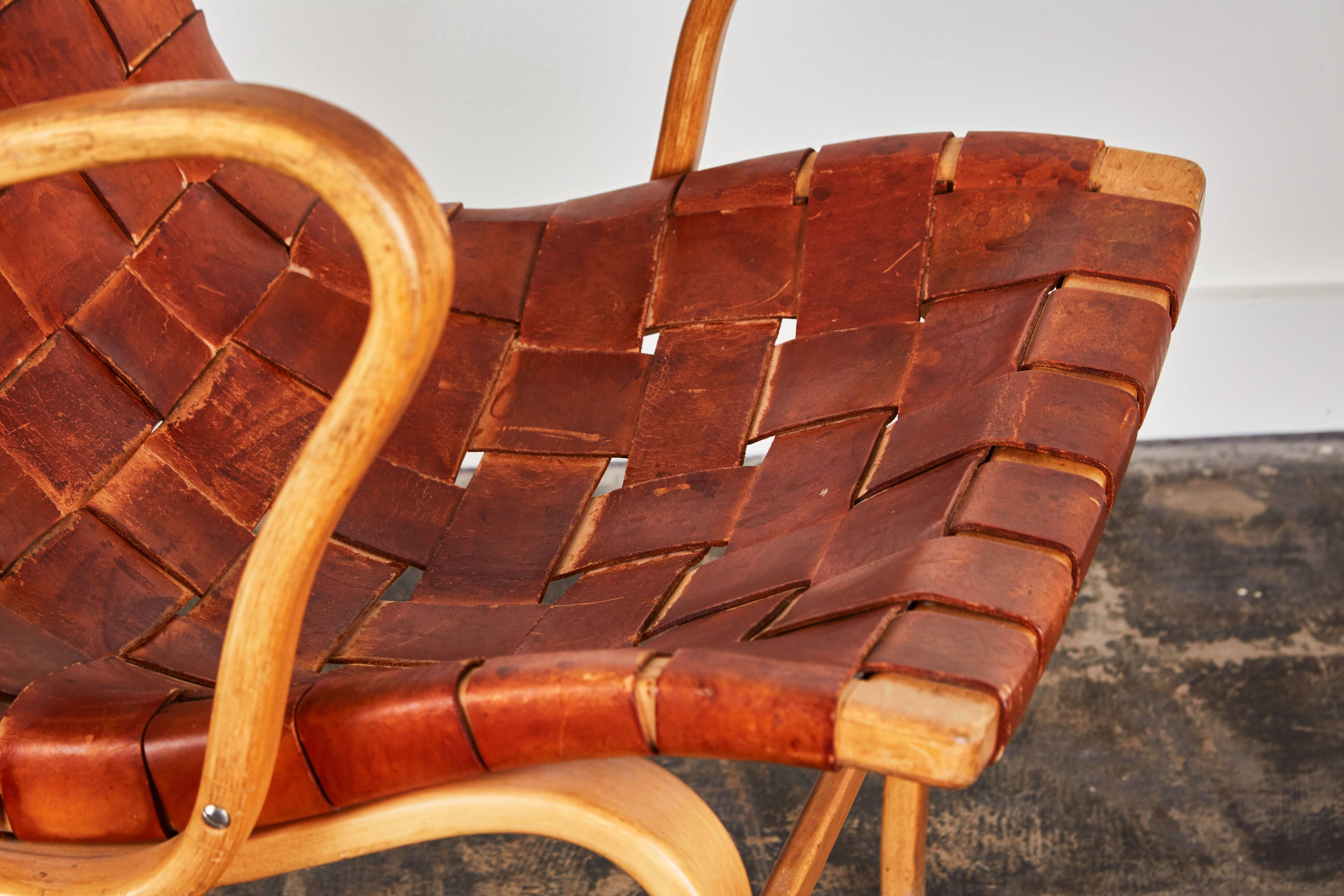 Pair of Woven Leather Eva Chairs by Bruno Mathsson In Distressed Condition In Los Angeles, CA