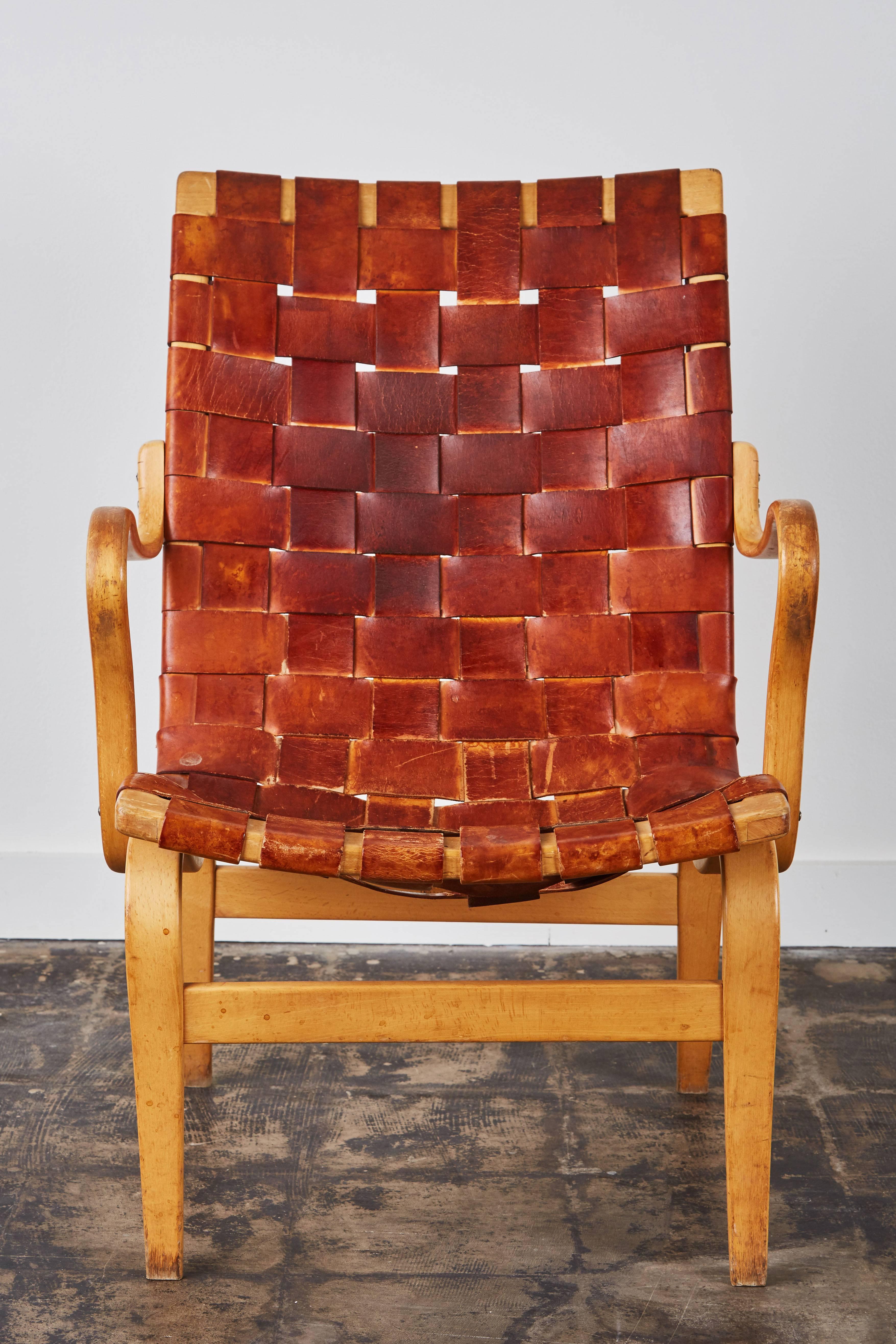 Swedish Pair of Woven Leather Eva Chairs by Bruno Mathsson