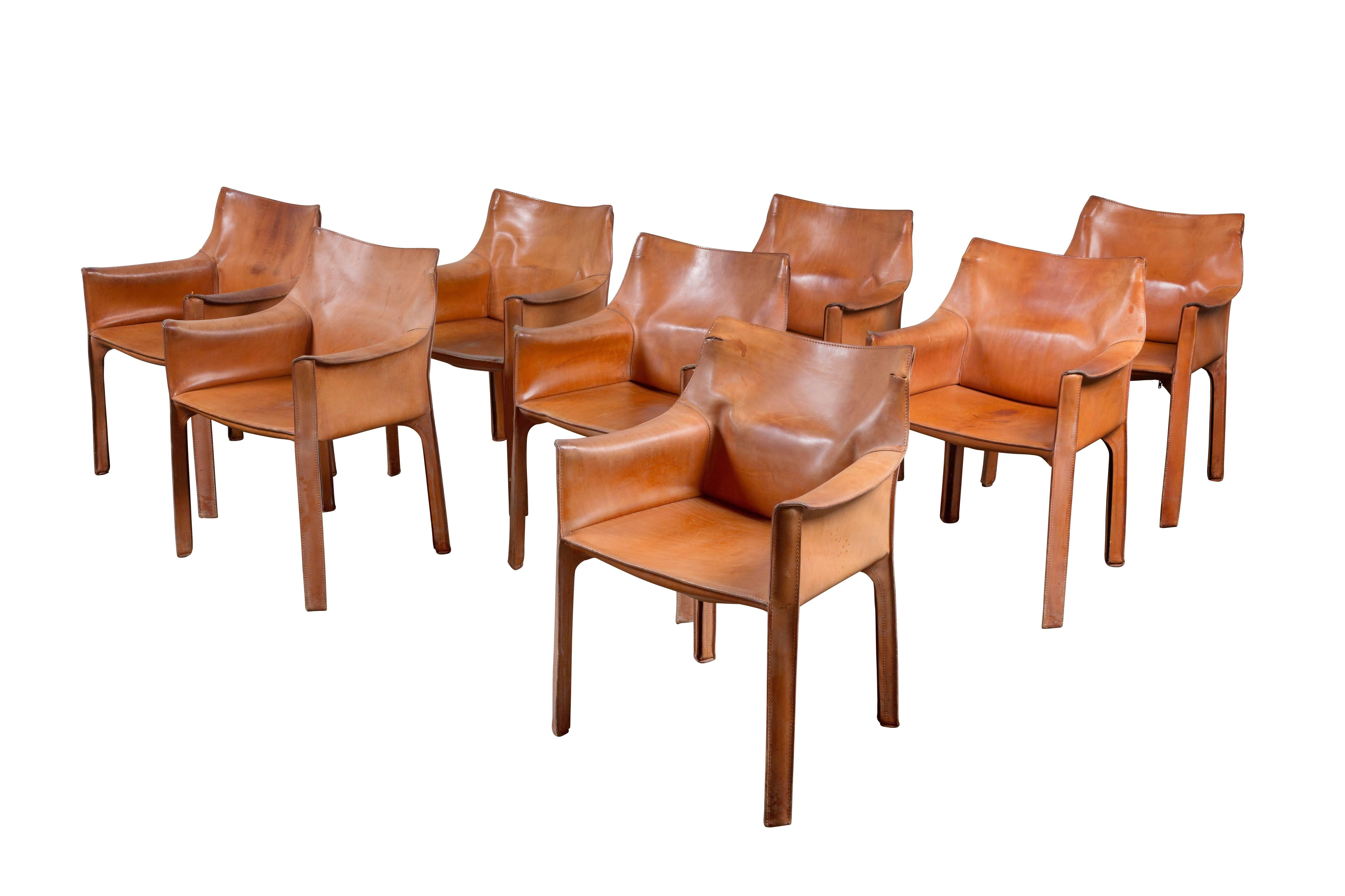 Set of eight Model 413 Cab dining armchairs by Mario Bellini for Cassina. Perfect patina to leather. Made in Italy, circa 1977. 

Part of the MoMA Permanent collection.