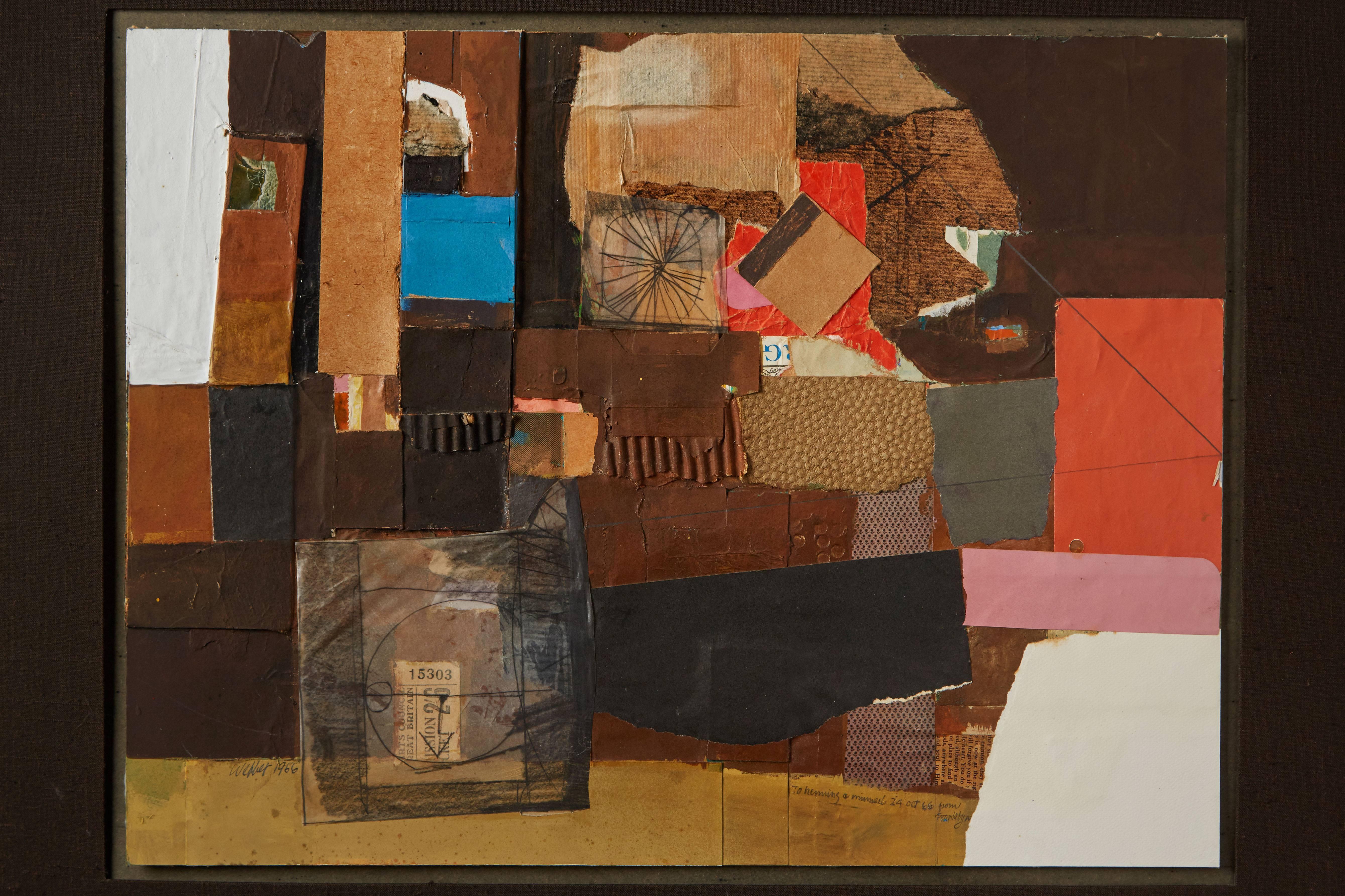 Modernist framed collage signed and dated Webber, 1966. Made in the bay area of California, circa 1966.