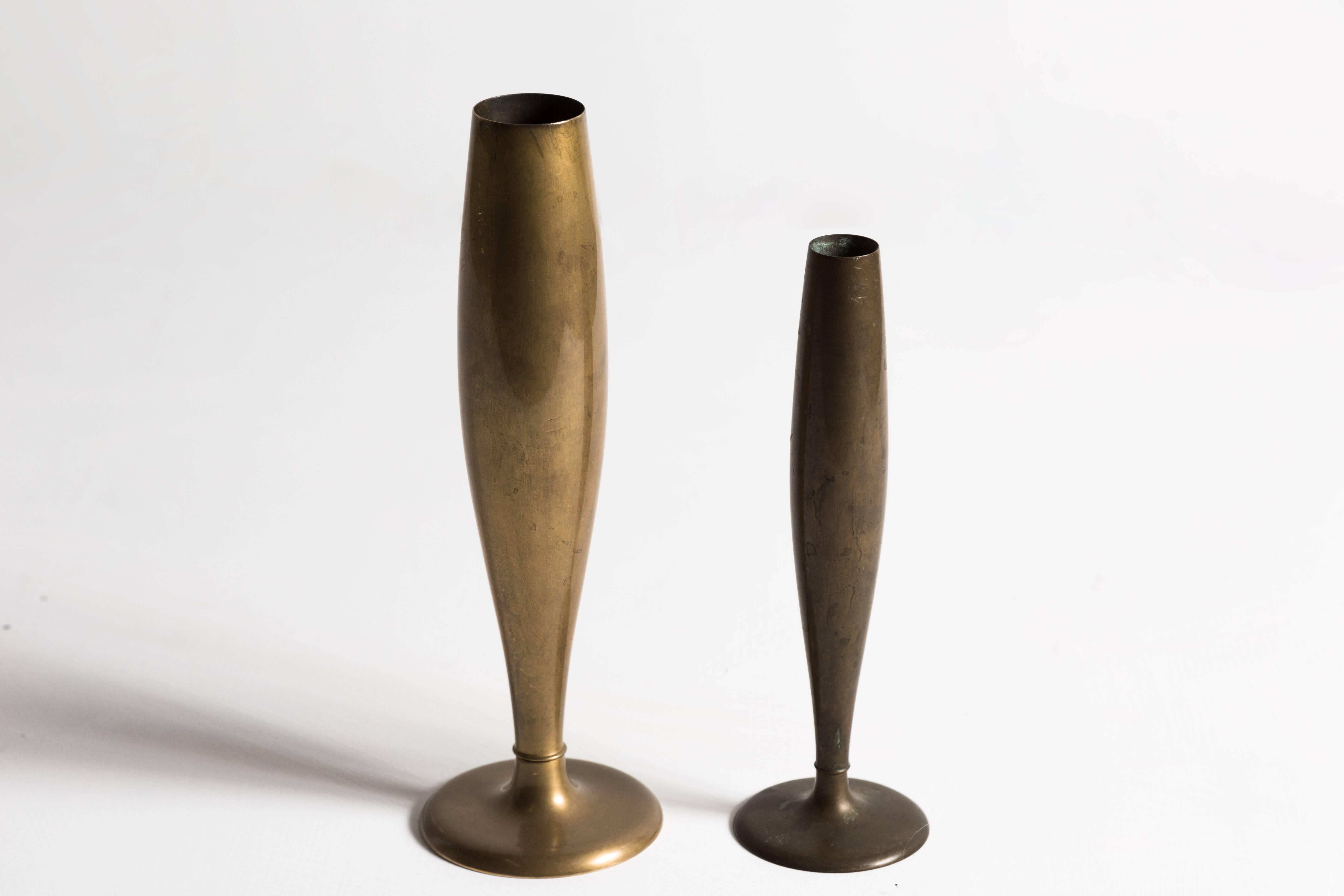Patinated bronze bud vases marked Dirigold, Made in Sweden, circa 1930s.