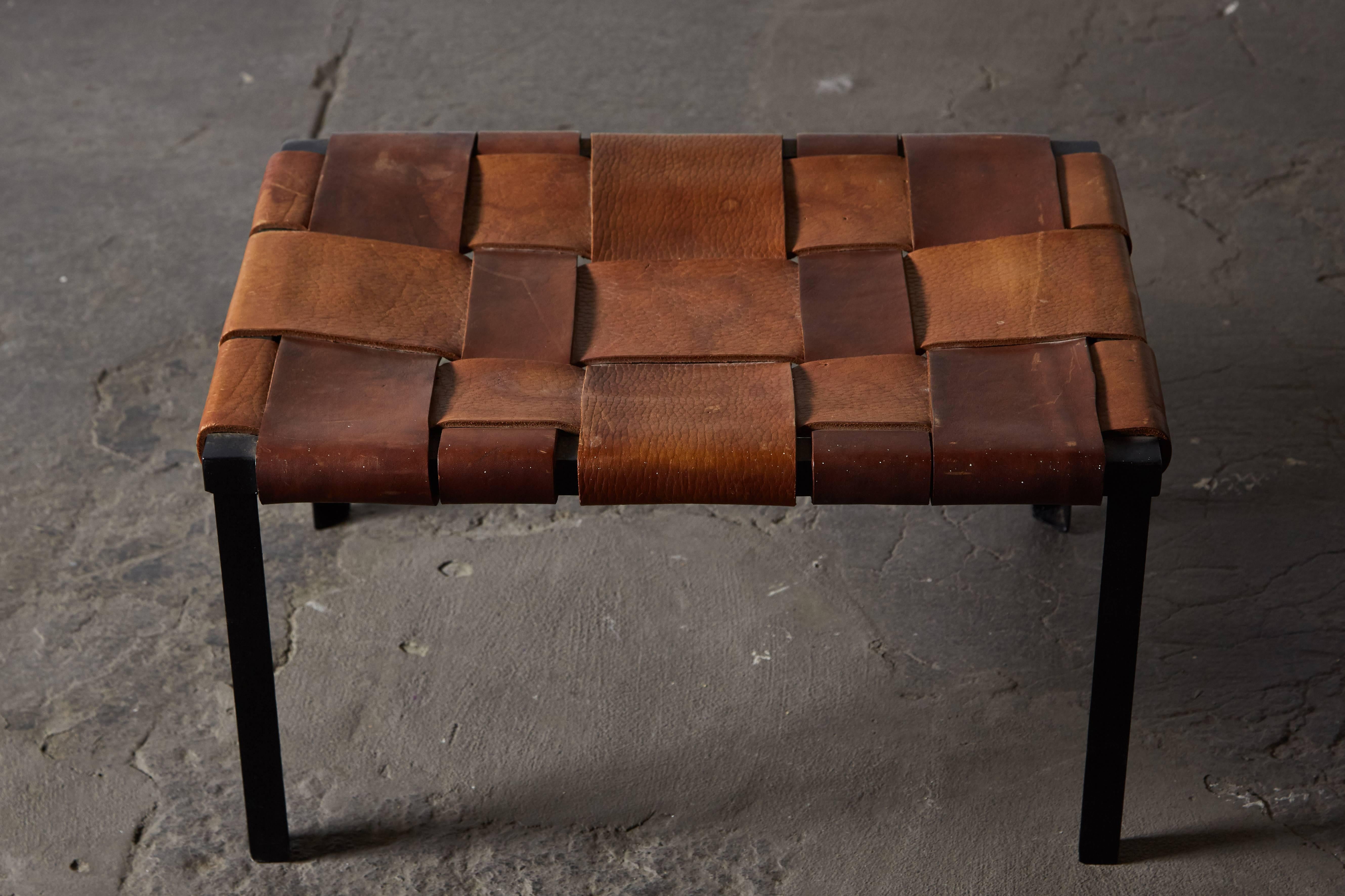 Mid-20th Century Pair of Woven Leather and Iron Stools
