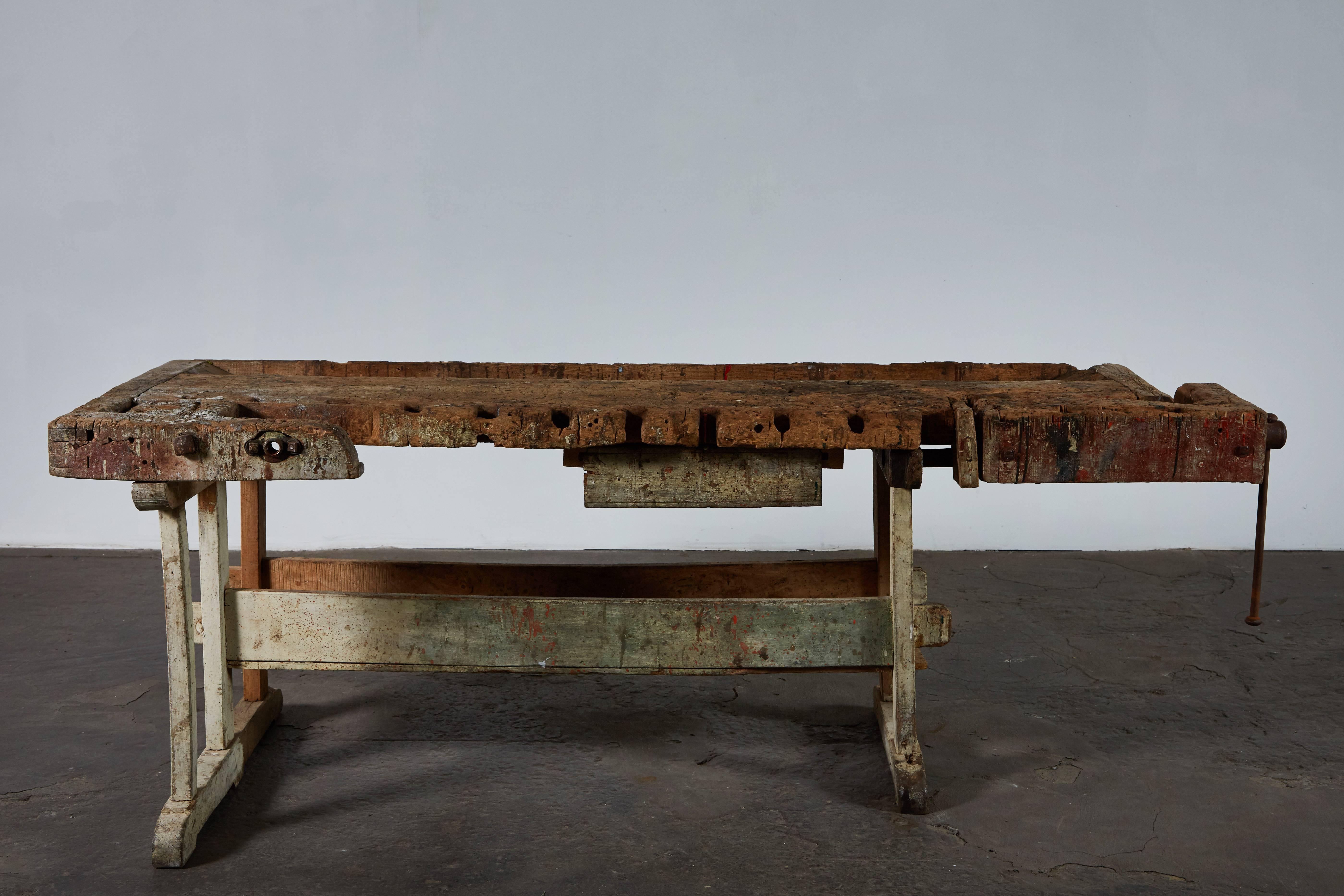 Early 20th century patinated wood work table. Made in France, circa 1900s.