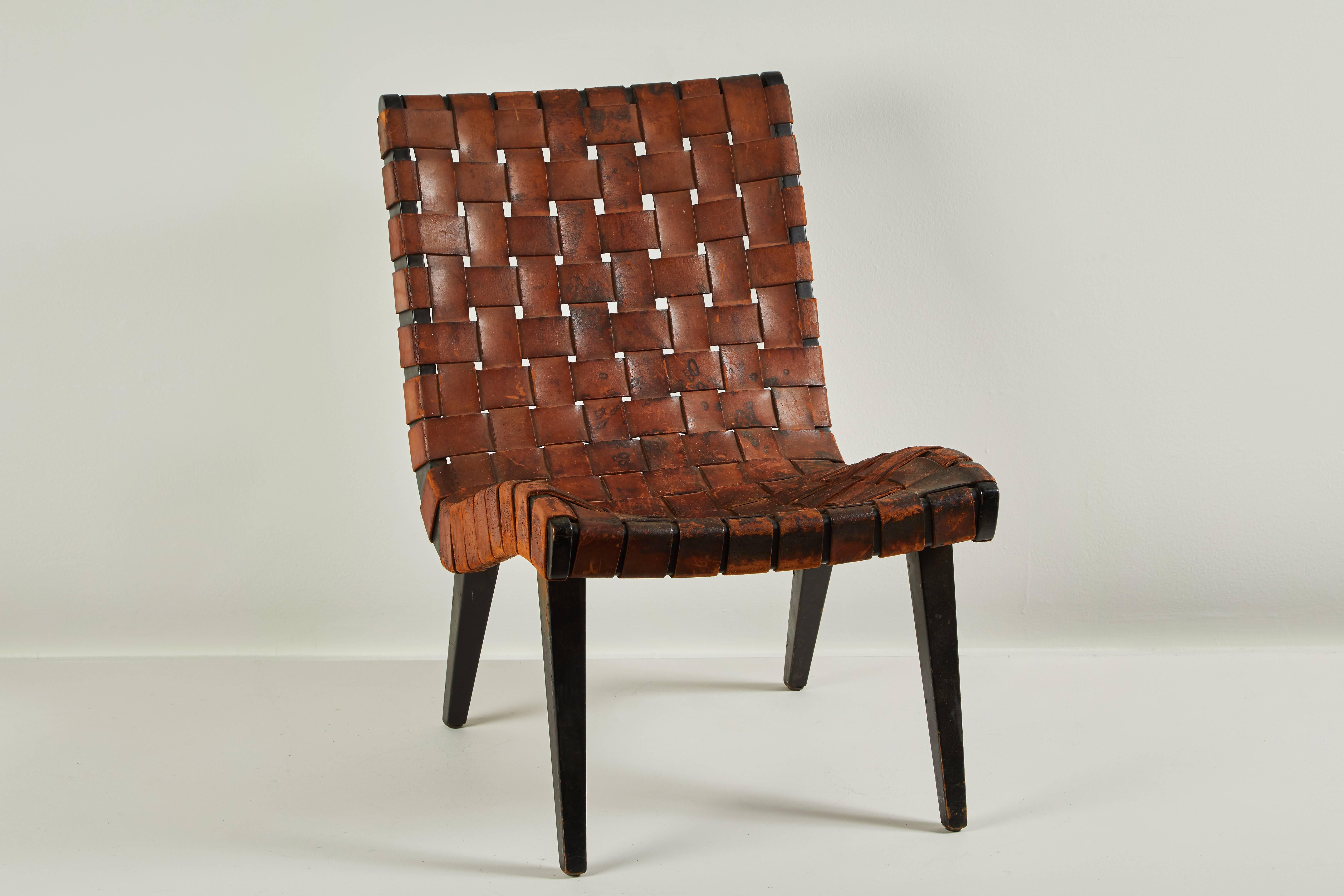 Early Woven Leather Lounge Chair by Jens Risom for Knoll In Distressed Condition In Los Angeles, CA