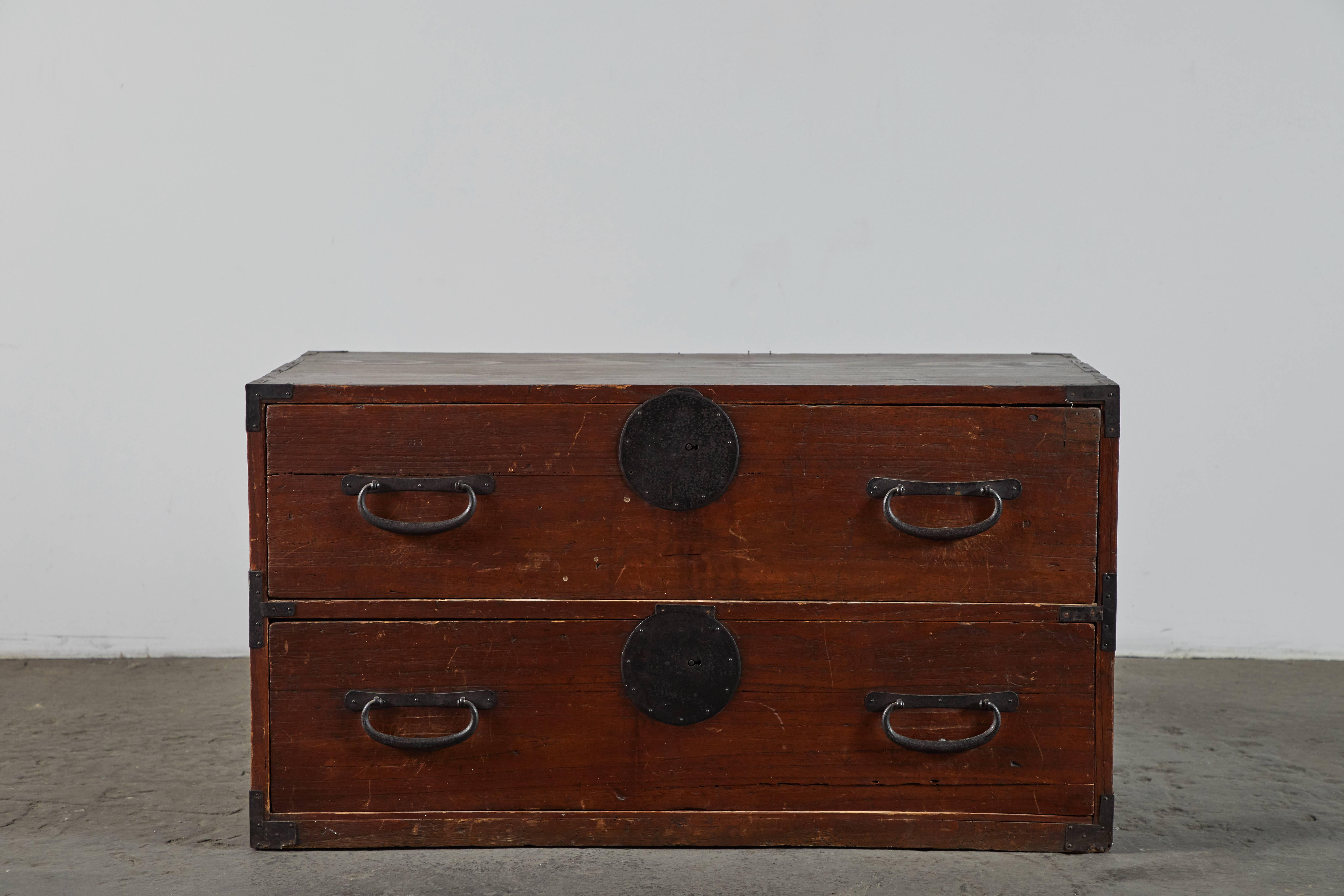 Japanese wood Tansu chest of drawers with original iron hardware. Made in Japan circa 1870s.