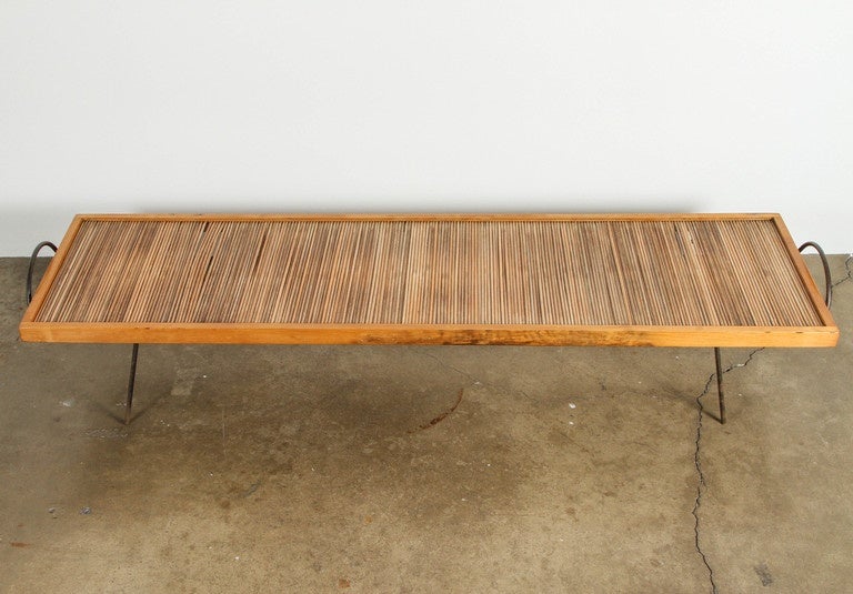 Rare coffee table with inset dowels by William Katavolos, Ross Littell and Douglas Kelley for Laverne originals. Made in USA, circa 1949. Birch frame and steel legs.