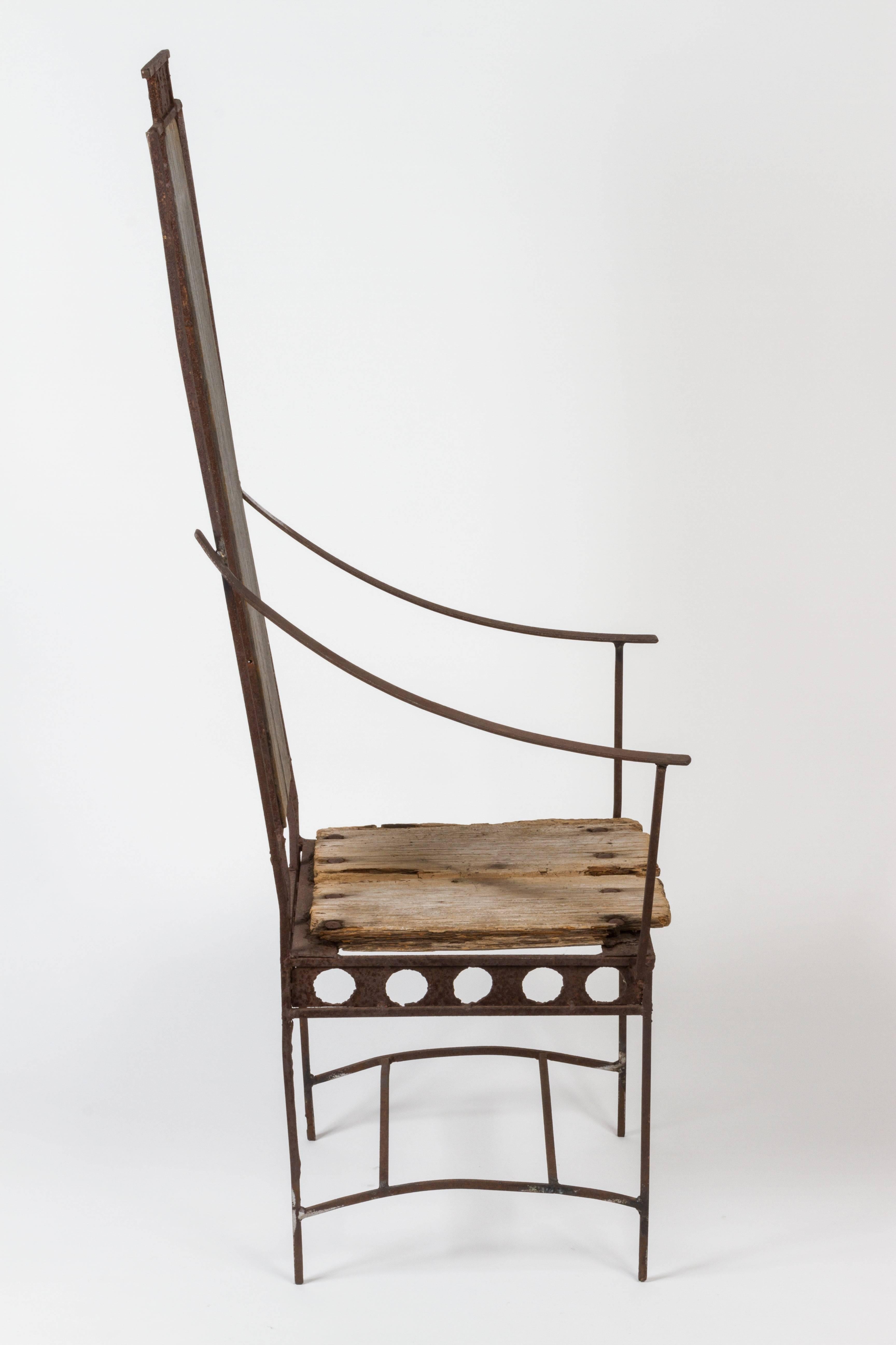 High back iron and wood side chair by Harry Balmer and Flemington Iron Works. Made in USA, circa 1960s.