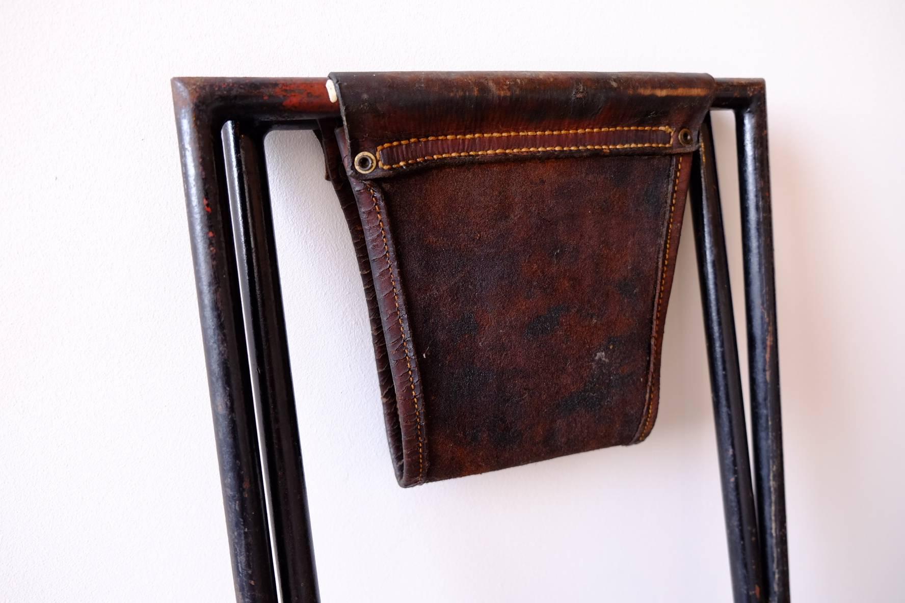 French Leather and Iron Folding Stool 2
