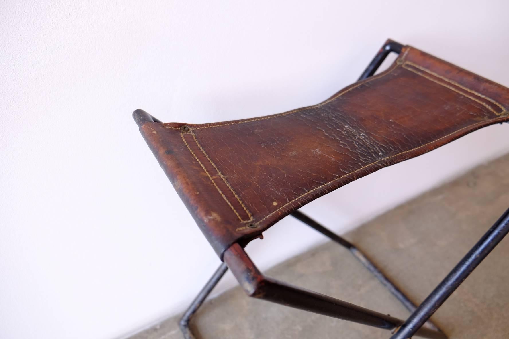 Mid-20th Century French Leather and Iron Folding Stool