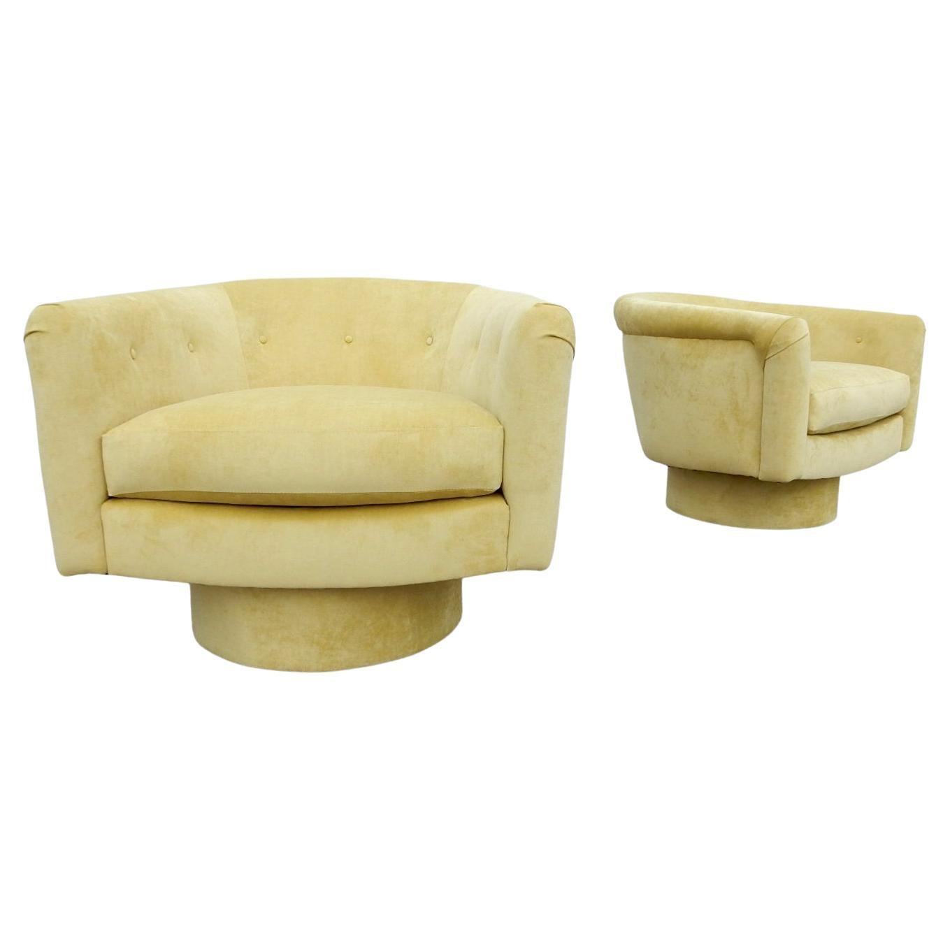 1970s MOD Yellow Velvet Swivel Lounge Chairs For Sale