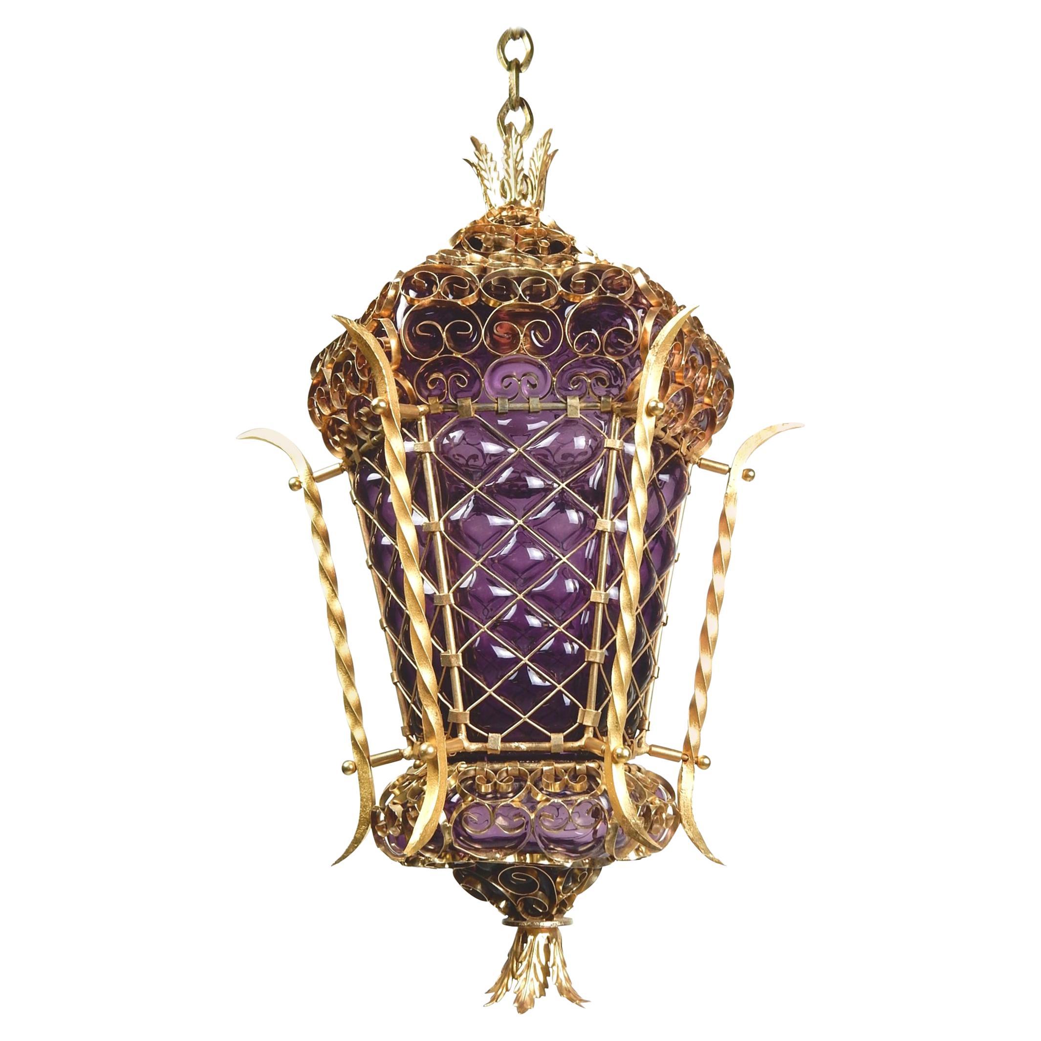 Italian Bohemian Chic' Caged Purple Glass and Gold Pendant Swag Lamp For Sale