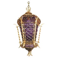 Italian Bohemian Chic' Caged Purple Glass and Gold Pendant Swag Lamp