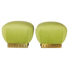 Pouf Ottomans Brass Nailhead Banded in Green Velvet
