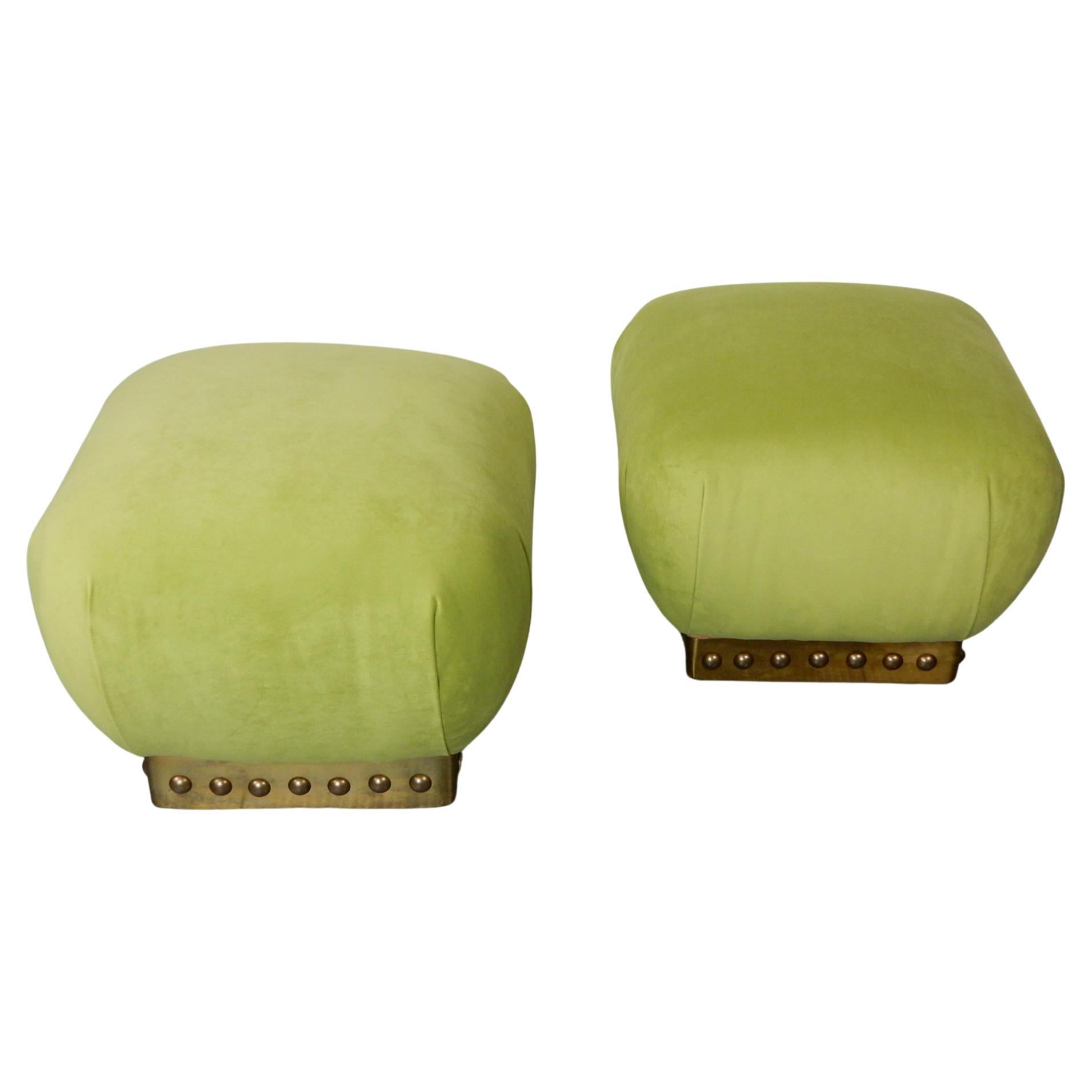 Pair of vintage Pouf ottomans in soft  green velvet.
Brass trimmed bases embellished with large bronze half round dome tacks.
These make perfect extra seating in a living room or bedroom.
Super comfortable and ready to place in your space.
New