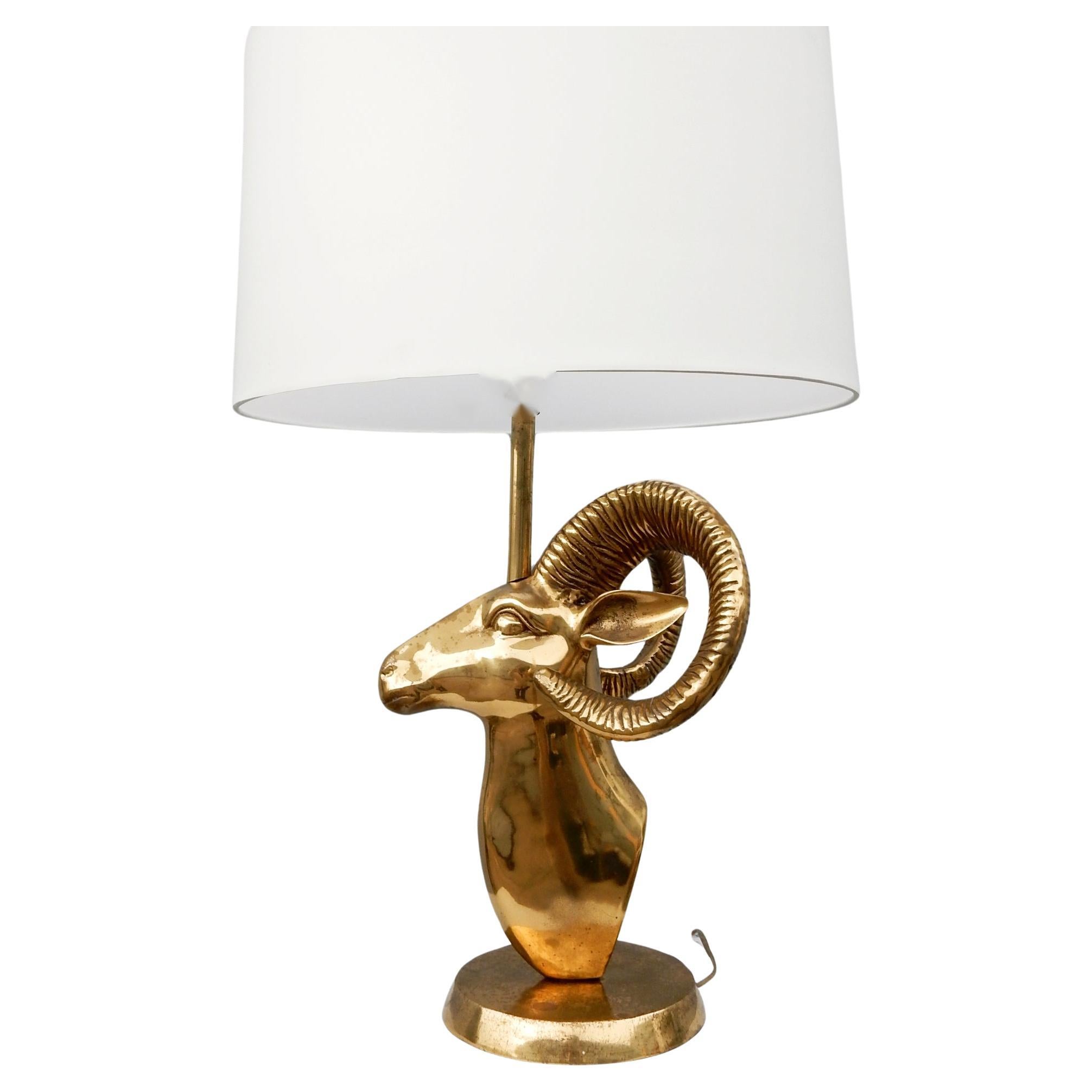 1970's Brass Ram Horn Sculpture Lamp