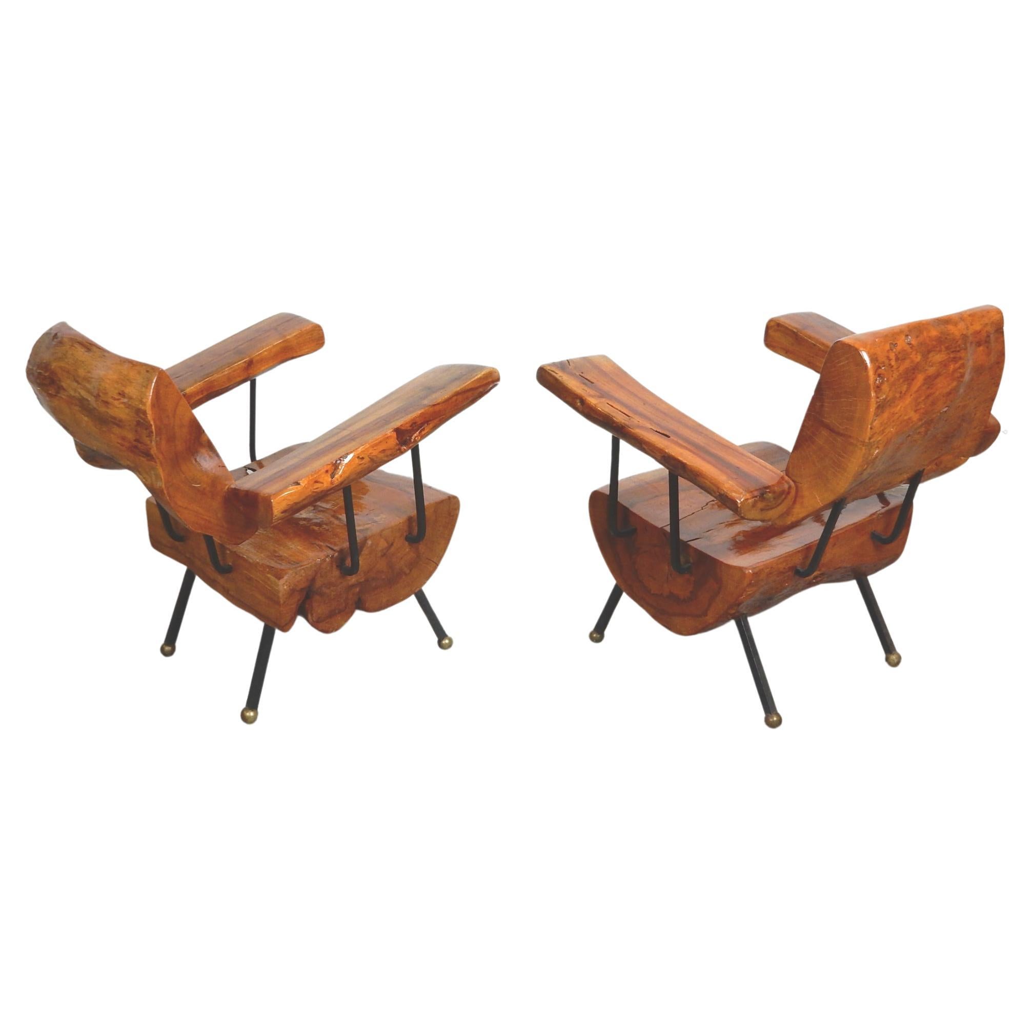 Fauteuils de salon Wabi Sabi en bois de ronce, fer et bronze en vente