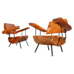 1960s Mid-Century Modern Lounge Chairs in Sabino Burl Wood & Iron