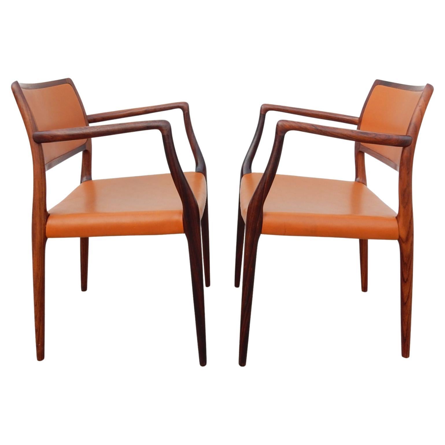 Leather 8 Danish Modern Niels Otto Møller Sculpted Rosewood Dining Arm Chairs For Sale
