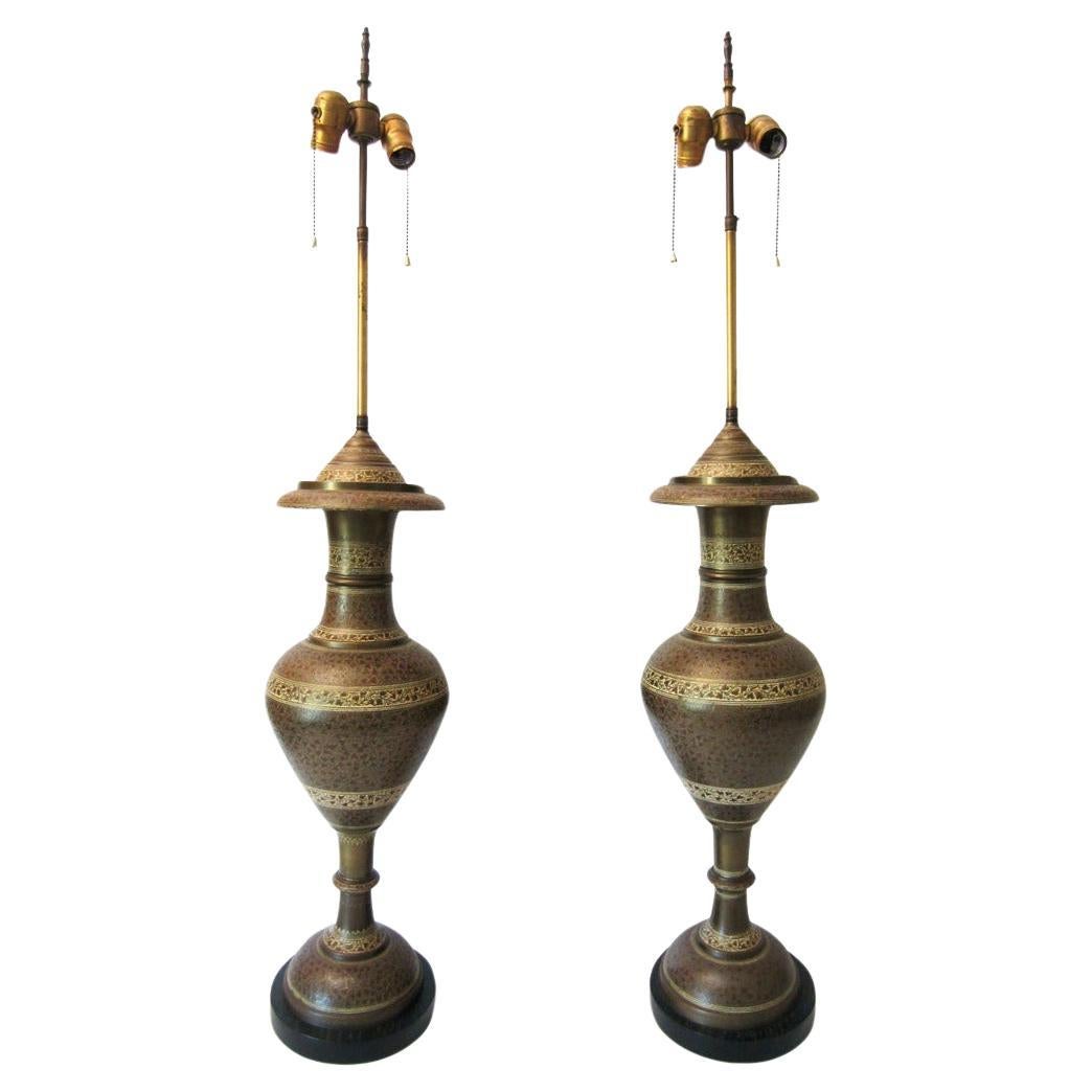 Exotic Art Deco era Tooled Brass Urn Table Lamps For Sale