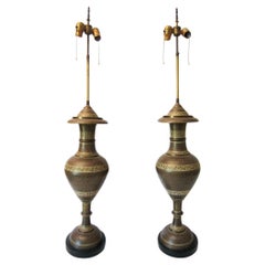 Exotic Art Deco era Tooled Brass Urn Table Lamps