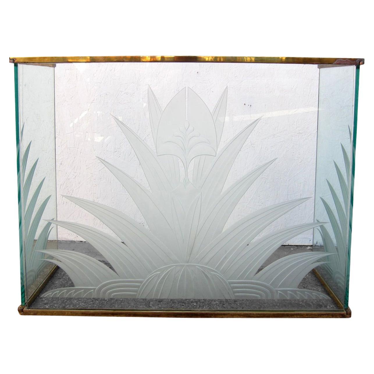 Palm Beach Brass and Etched Glass Fireplace Hearth Screen 