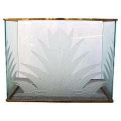 Art Deco Brass and Etched Glass Fireplace Hearth Screen 