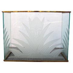 Retro Palm Beach Brass and Etched Glass Fireplace Hearth Screen 