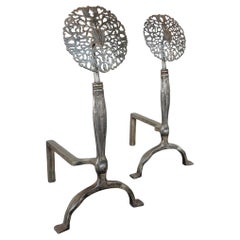 Large Art Nouveau Era Medallion Fireplace Andirons