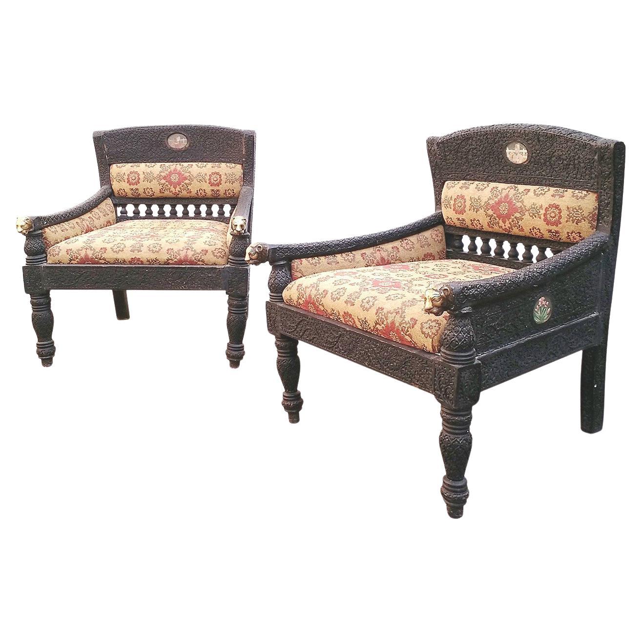 Exotic Hand Carved Teak Ceremonial Lounge Chairs For Sale