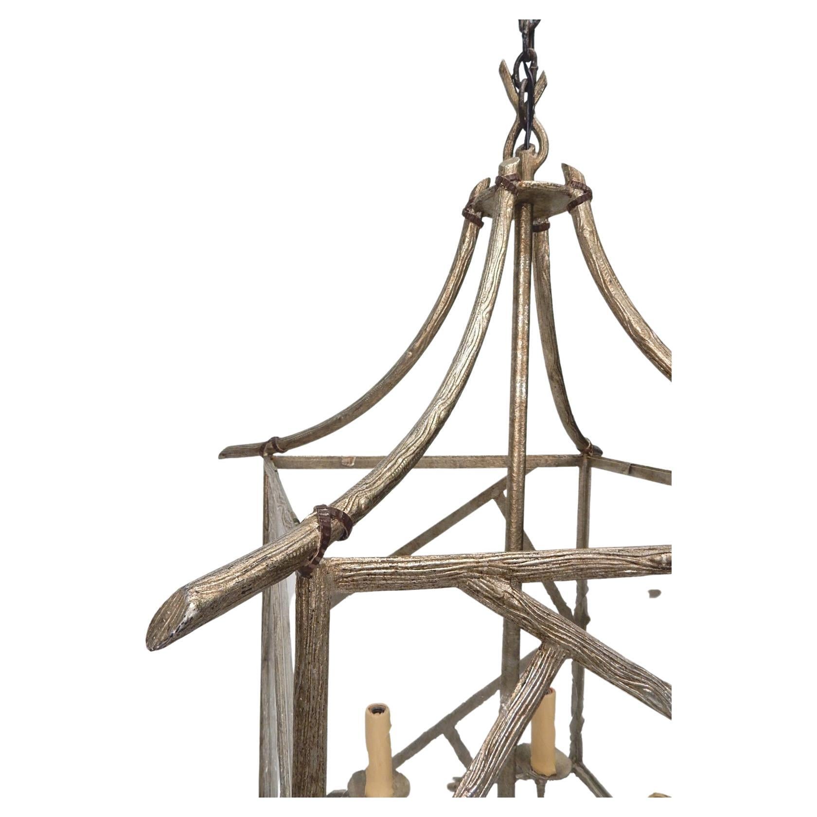 Huge Faux Bois Brass Twig Pagoda Chandelier in the Les Lananne Style In Good Condition In Las Vegas, NV