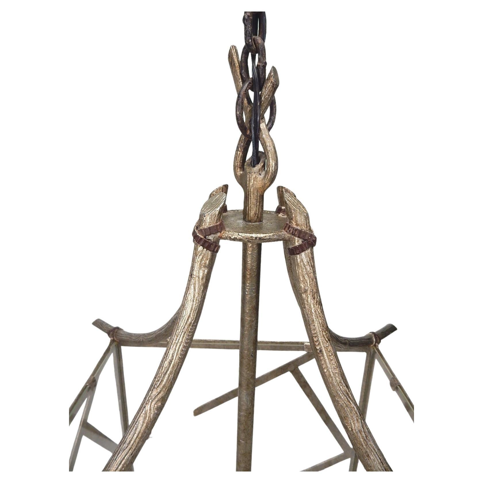 Rustic Huge Faux Bois Brass Twig Pagoda Chandelier in the Les Lananne Style