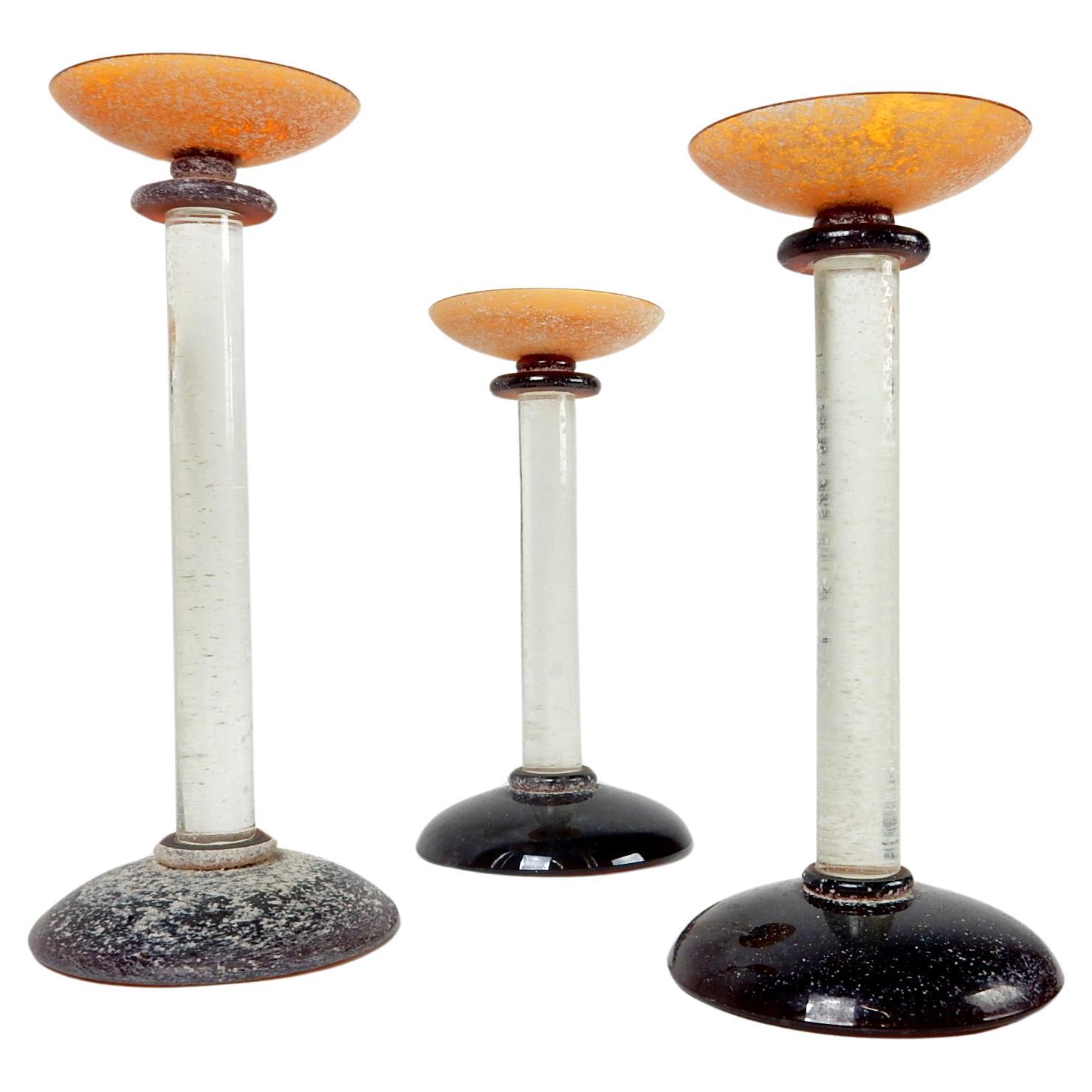 Karl Springer Design Murano Italy Scavo Art Glass Candle Pillar Set, Signed For Sale