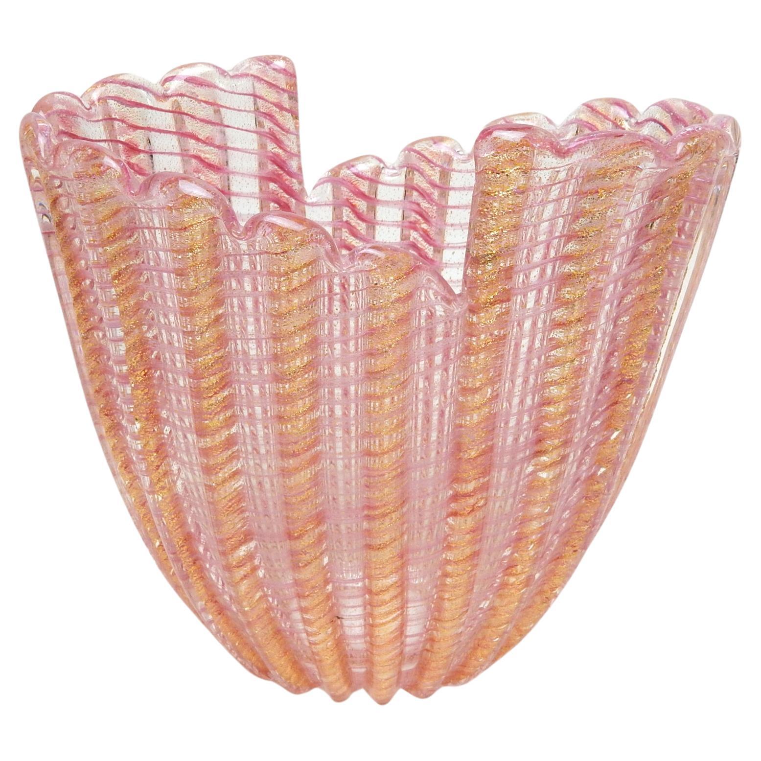 Barovier Toso Murano Art Glass Ribbed Pink and Gold Vessel For Sale
