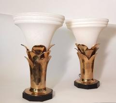 Hollywood Regency Brass Lotus and Glass Torchiere Table Lamps
