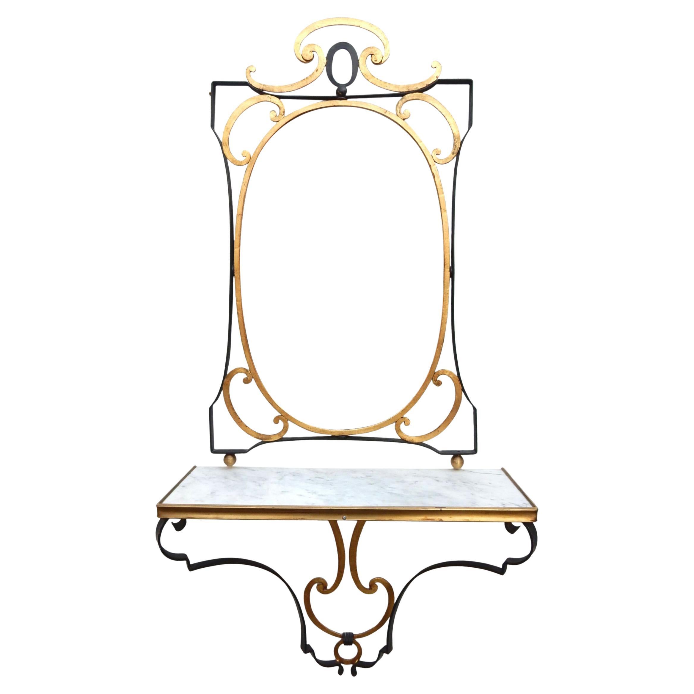 Elegant Polladio of Italy Sculpted Iron Mirror with Wall Console Table For Sale