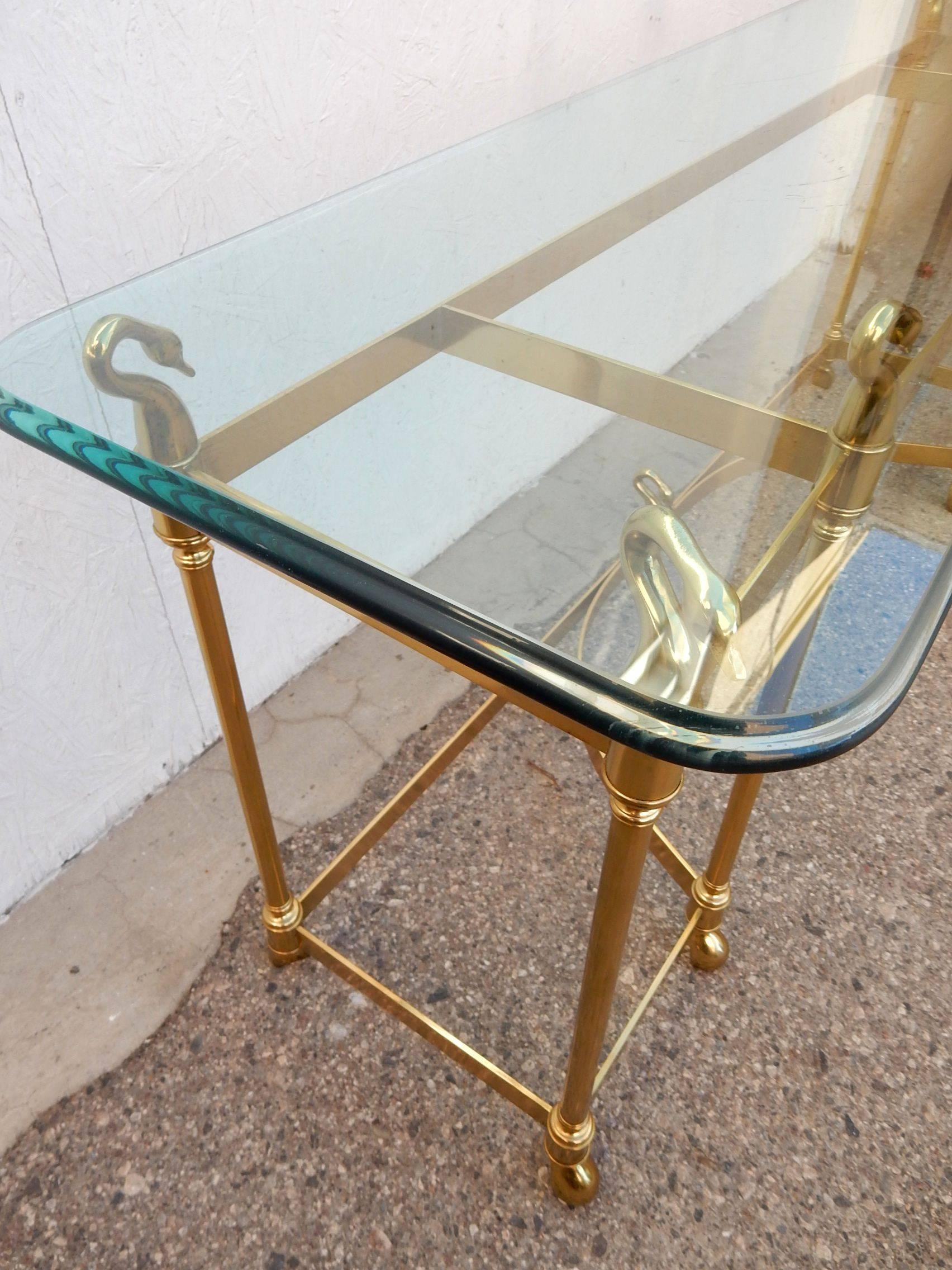 American Hollywood Regency LaBarge Brass Swan Console Sofa Table