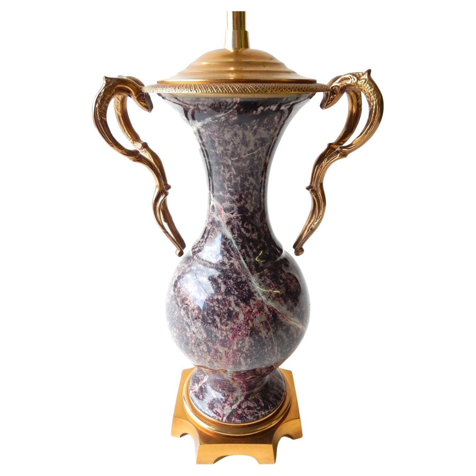 Gorgeous Italian purple marble urn lamp with golden bronze handles, base and hardware.
Made by the artisans of Marbro Lamp CO. No issues or damage.
Very heavy piece, 55 lbs +.

 