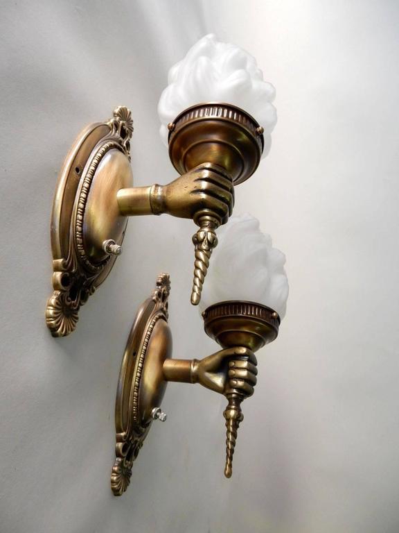 Pair Antique Brass Hand Torch Wall Sconce Lamps at 1stDibs