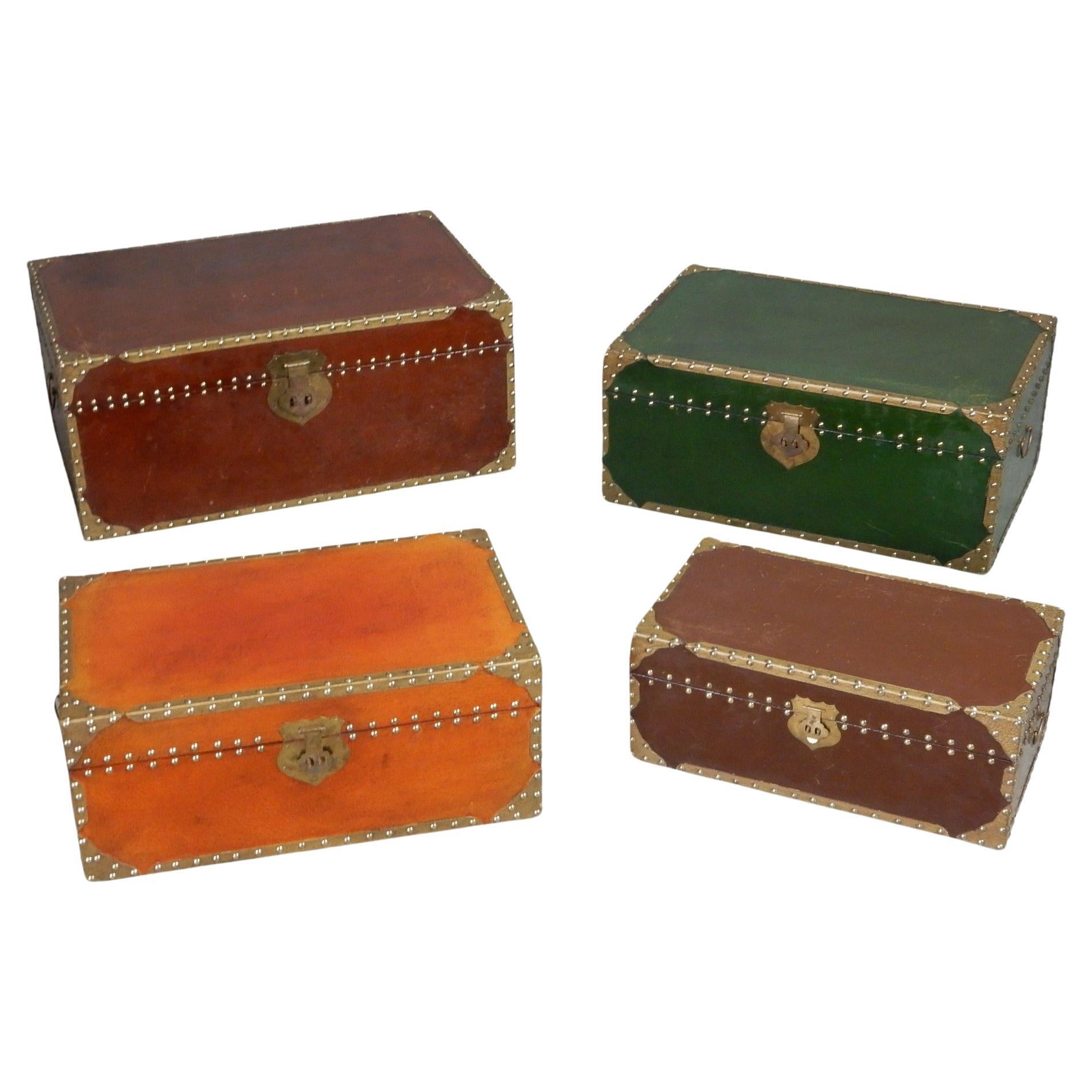 Exotic Brass Nail Head & Enameled Wood Nesting Trunks or Chests