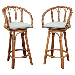 1970's Sculpted Cane & Rattan Bar Stools, 6 available
