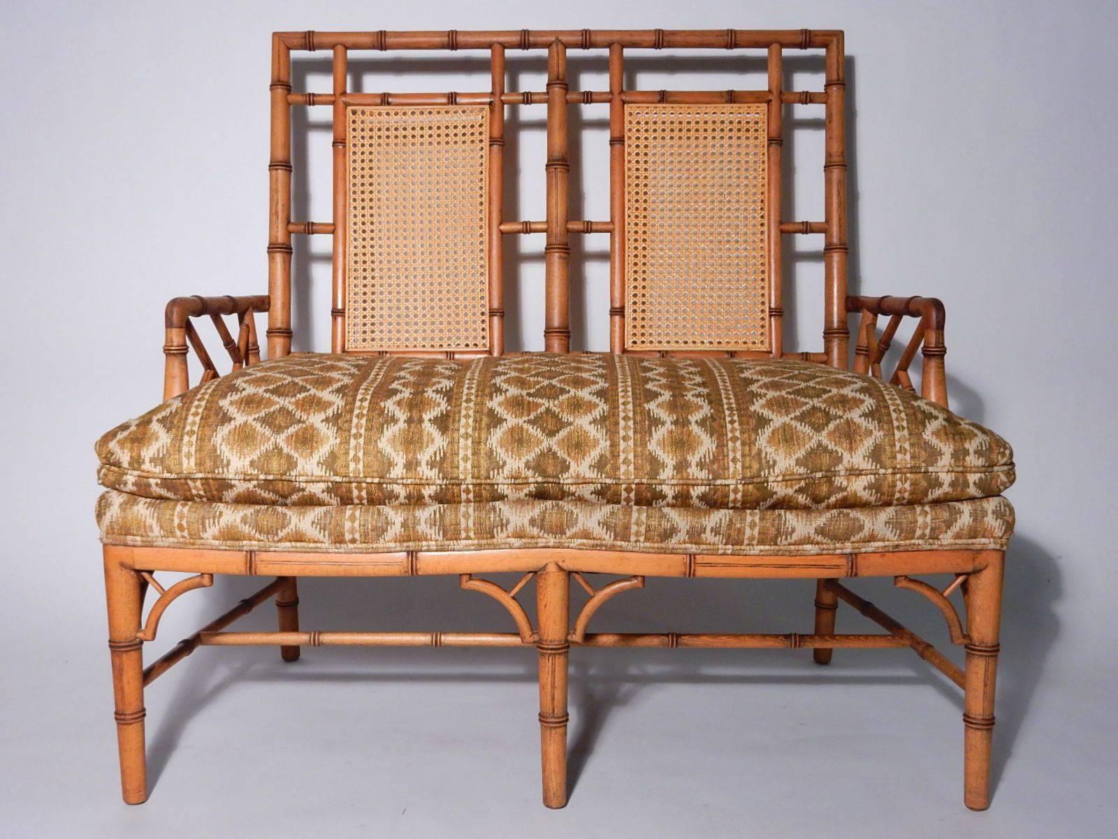 Mid-20th Century 1950s Chippendale Faux Bamboo Rattan Settee Arm Chair Chinoiserie