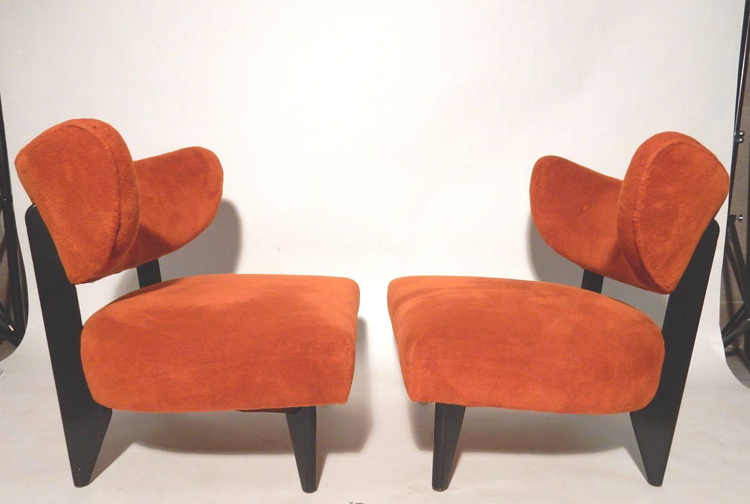 1950s Mid-Century Modern Orange Mohair Lounge Chairs  1