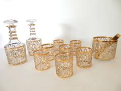 1960's Hollywood Regency Imperial Glass Shoji Gold Barware Set 10 Pieces
