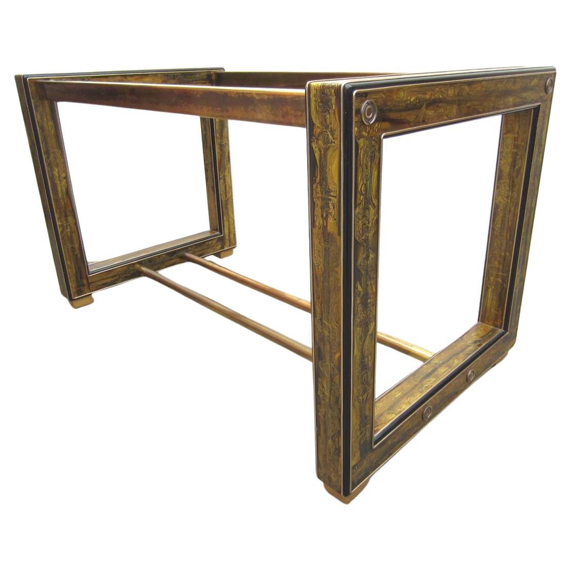 Designed by Bernhard Rohne for Mastercraft furniture this acid etched brass desk or dining table is a true work of art and statement piece, circa 1970s.
Depending on size of glass top this serves well as an executive desk or large dining table.
It